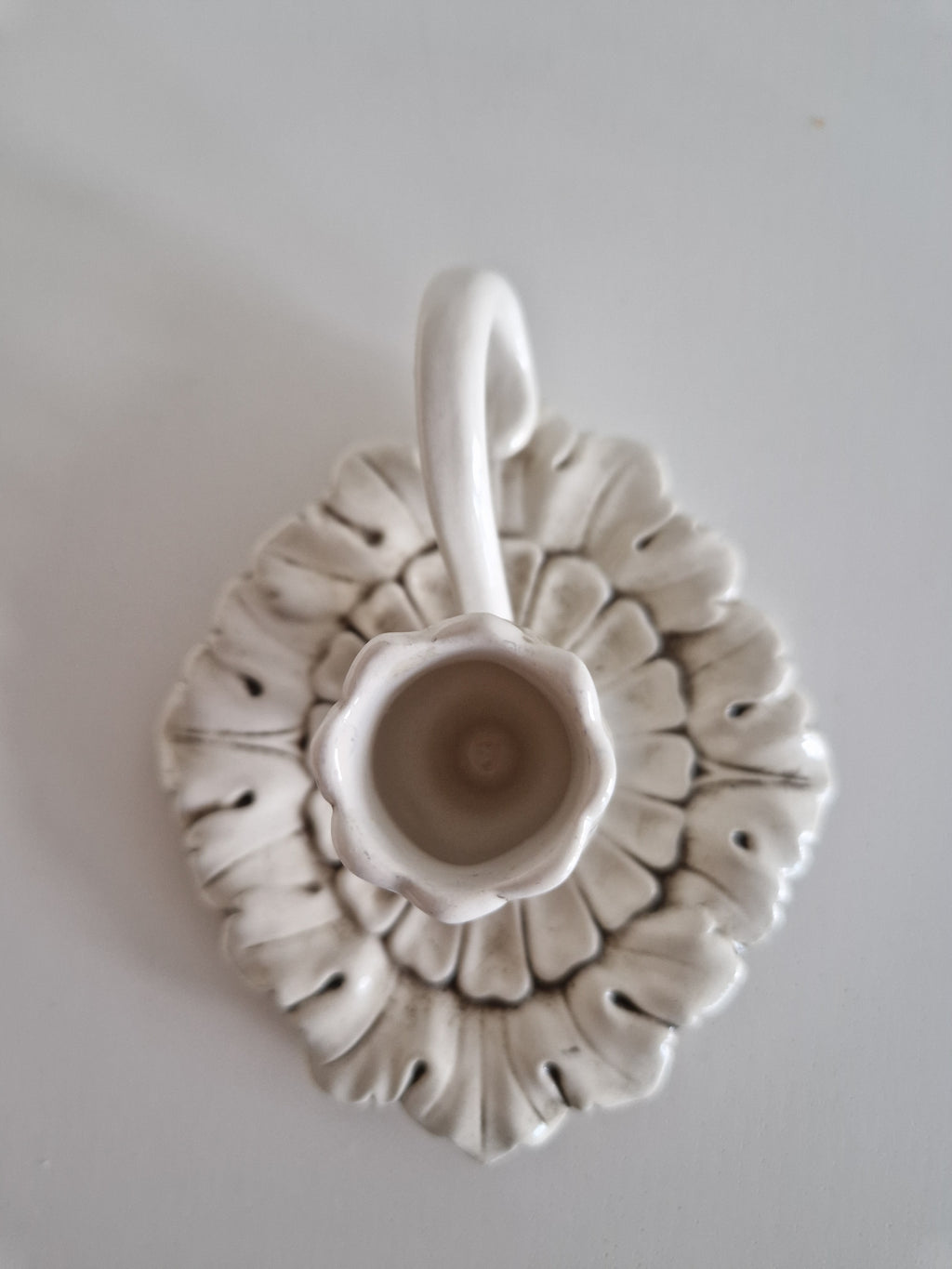 Vintage White Ceramic Chamberstick – Acanthus Leaf Relief, Rococo Style