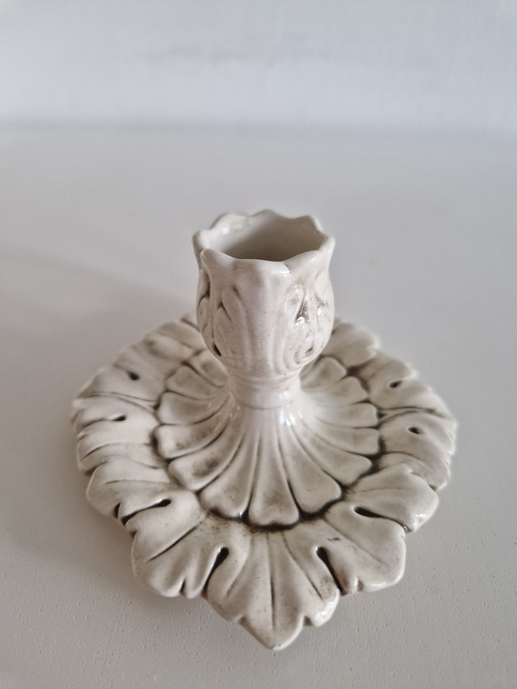 Vintage White Ceramic Chamberstick – Acanthus Leaf Relief, Rococo Style