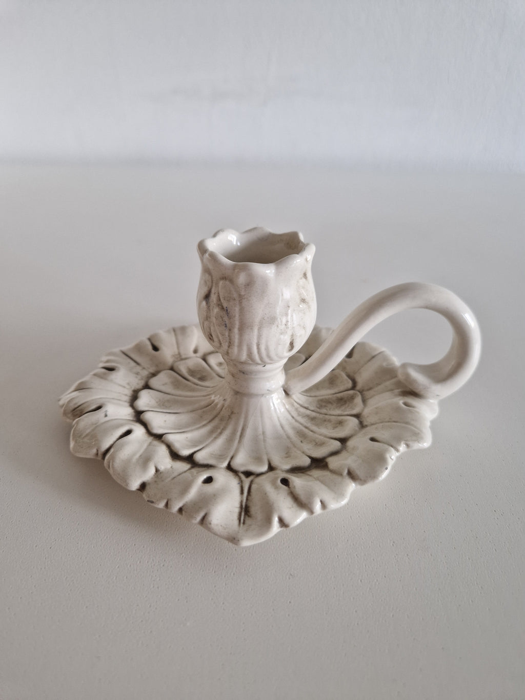 Vintage White Ceramic Chamberstick – Acanthus Leaf Relief, Rococo Style