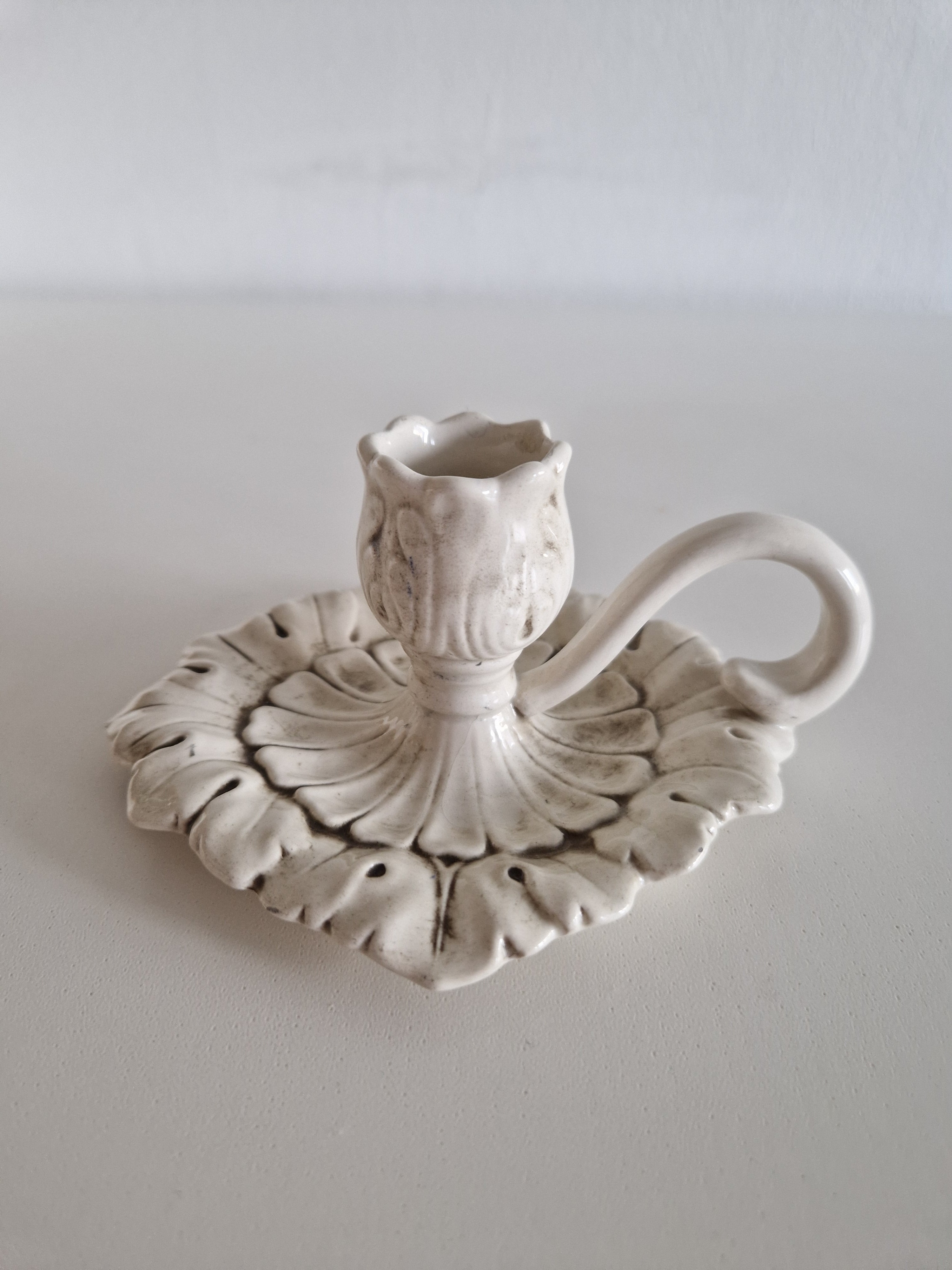 Vintage White Ceramic Chamberstick – Acanthus Leaf Relief, Rococo Style