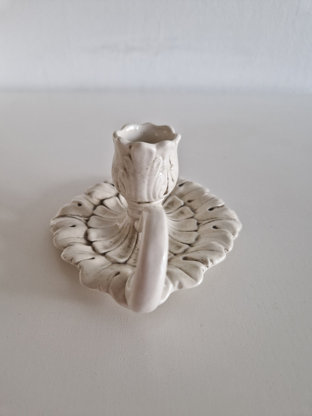 Vintage White Ceramic Chamberstick – Acanthus Leaf Relief, Rococo Style