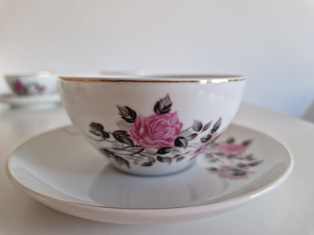 Vintage Japanese Porcelain Tea Set, Mount Fuji Mark (Daiko/Taiko), Hand-Painted Pink Roses, Gold Trim, Mid-Century Tea Service