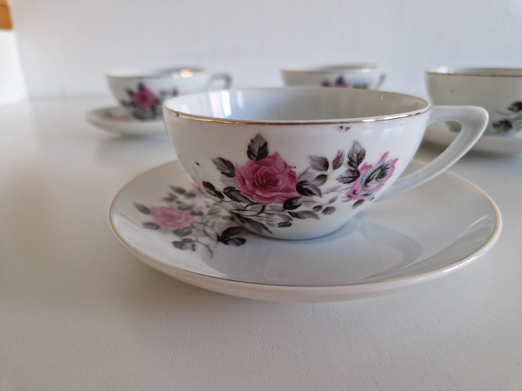 Vintage Japanese Porcelain Tea Set, Mount Fuji Mark (Daiko/Taiko), Hand-Painted Pink Roses, Gold Trim, Mid-Century Tea Service