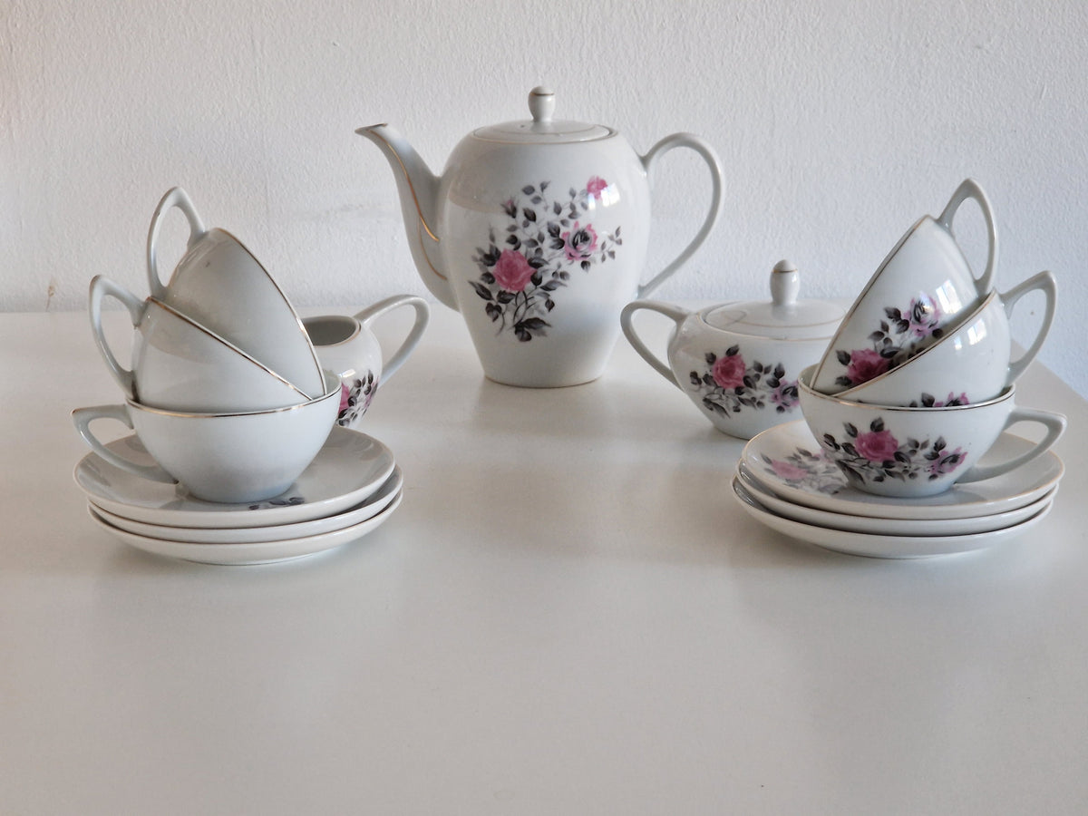 Vintage Japanese Porcelain Tea Set, Mount Fuji Mark (Daiko/Taiko), Hand-Painted Pink Roses, Gold Trim, Mid-Century Tea Service
