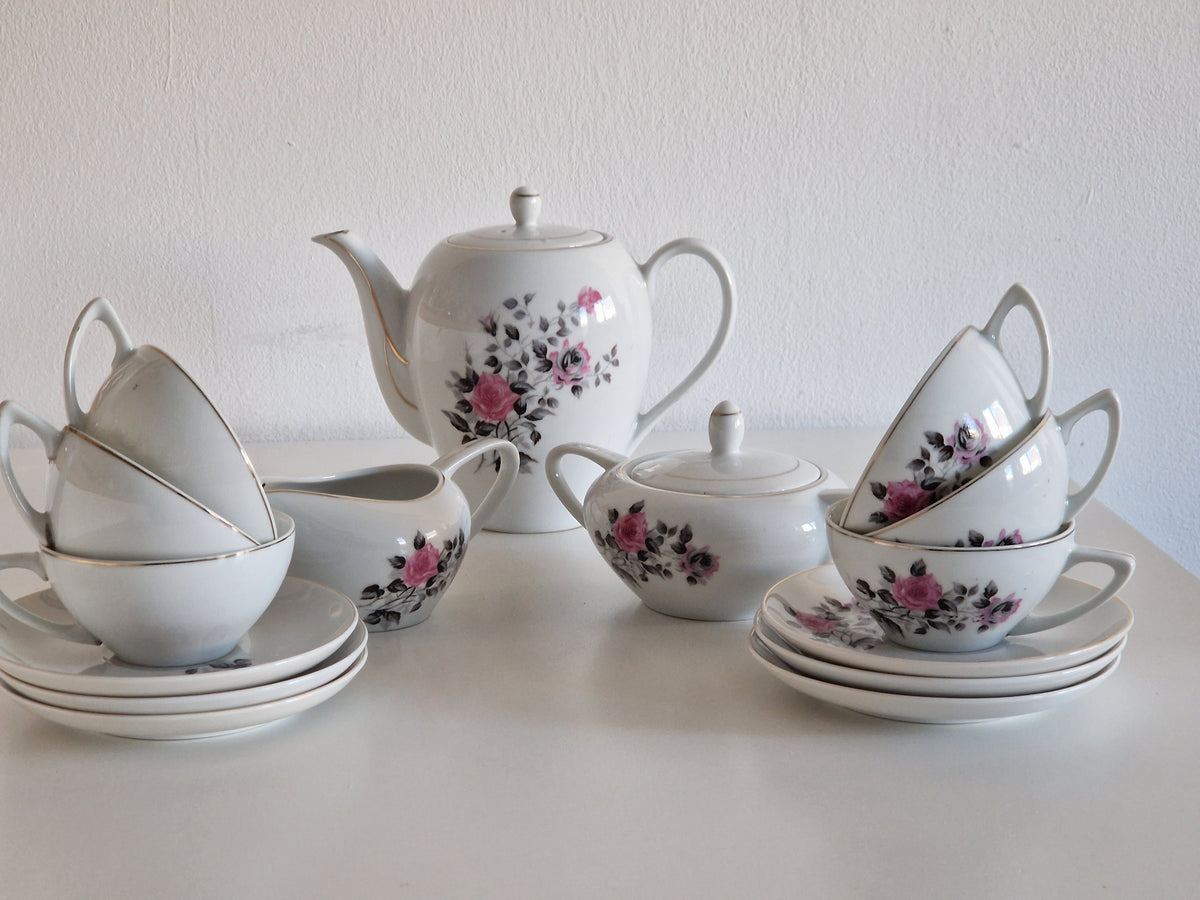 Vintage Japanese Porcelain Tea Set, Mount Fuji Mark (Daiko/Taiko), Hand-Painted Pink Roses, Gold Trim, Mid-Century Tea Service