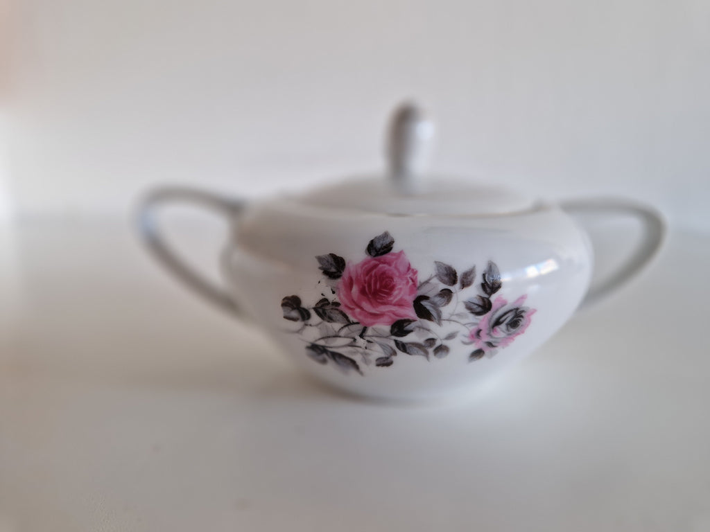 Vintage Japanese Porcelain Tea Set, Mount Fuji Mark (Daiko/Taiko), Hand-Painted Pink Roses, Gold Trim, Mid-Century Tea Service