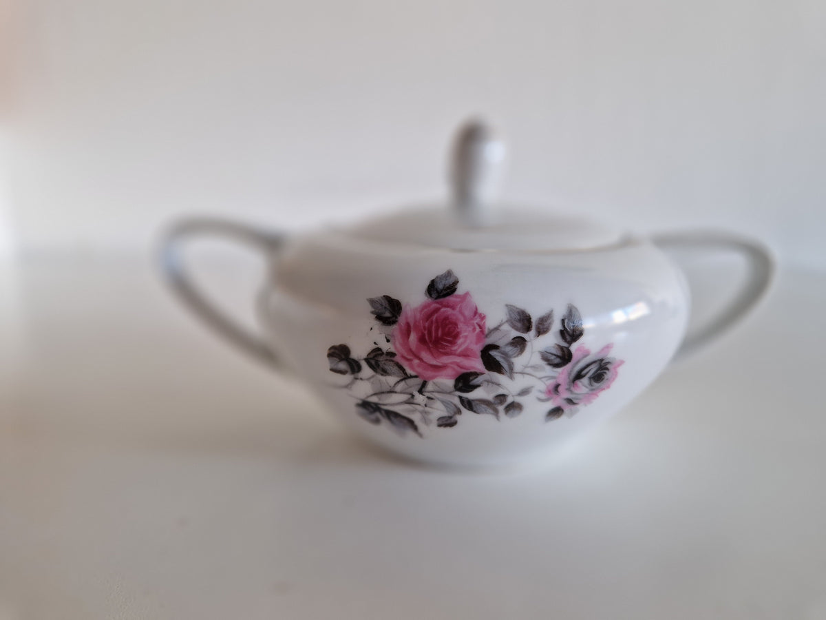 Vintage Japanese Porcelain Tea Set, Mount Fuji Mark (Daiko/Taiko), Hand-Painted Pink Roses, Gold Trim, Mid-Century Tea Service