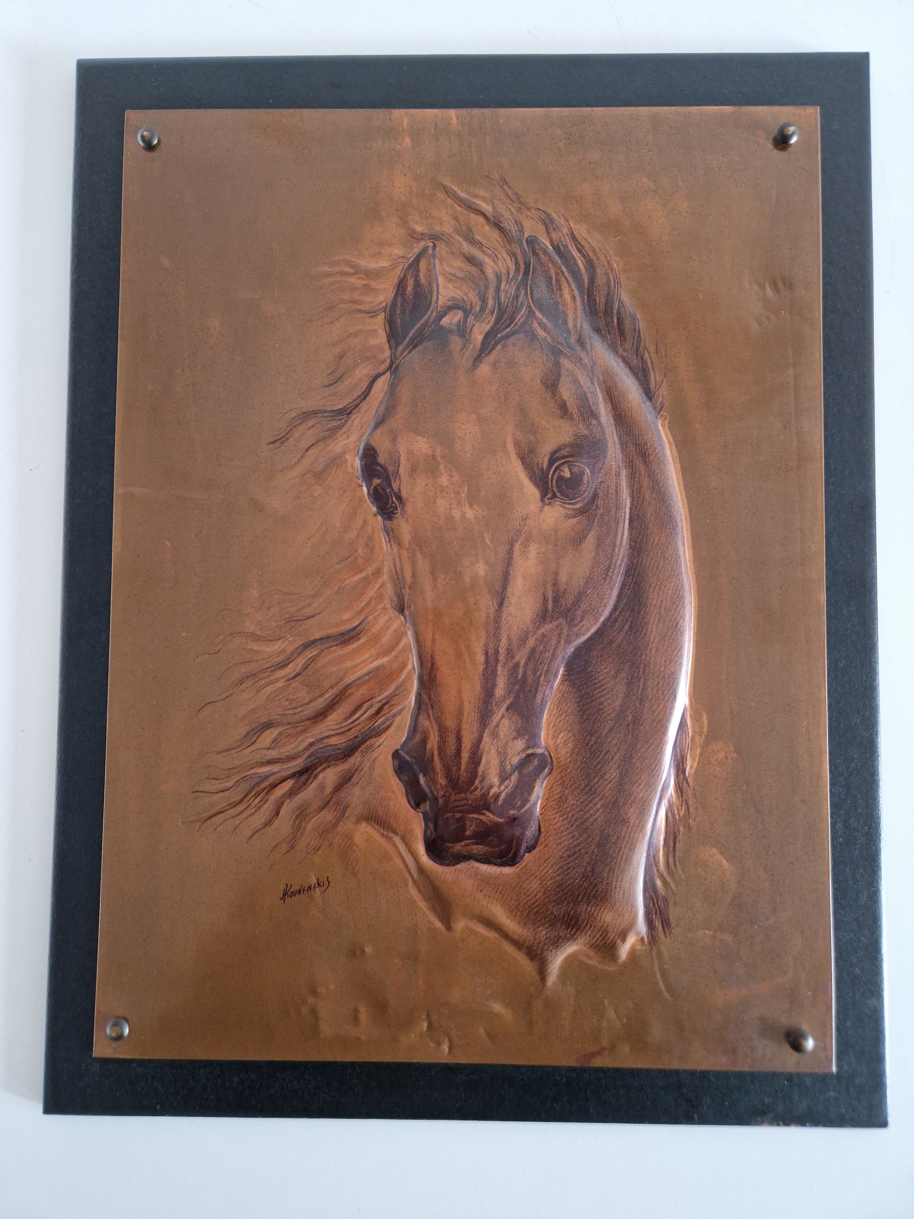 Copper Repousse Horse Portrait – Signed A. Kounenakis, 45×34 cm