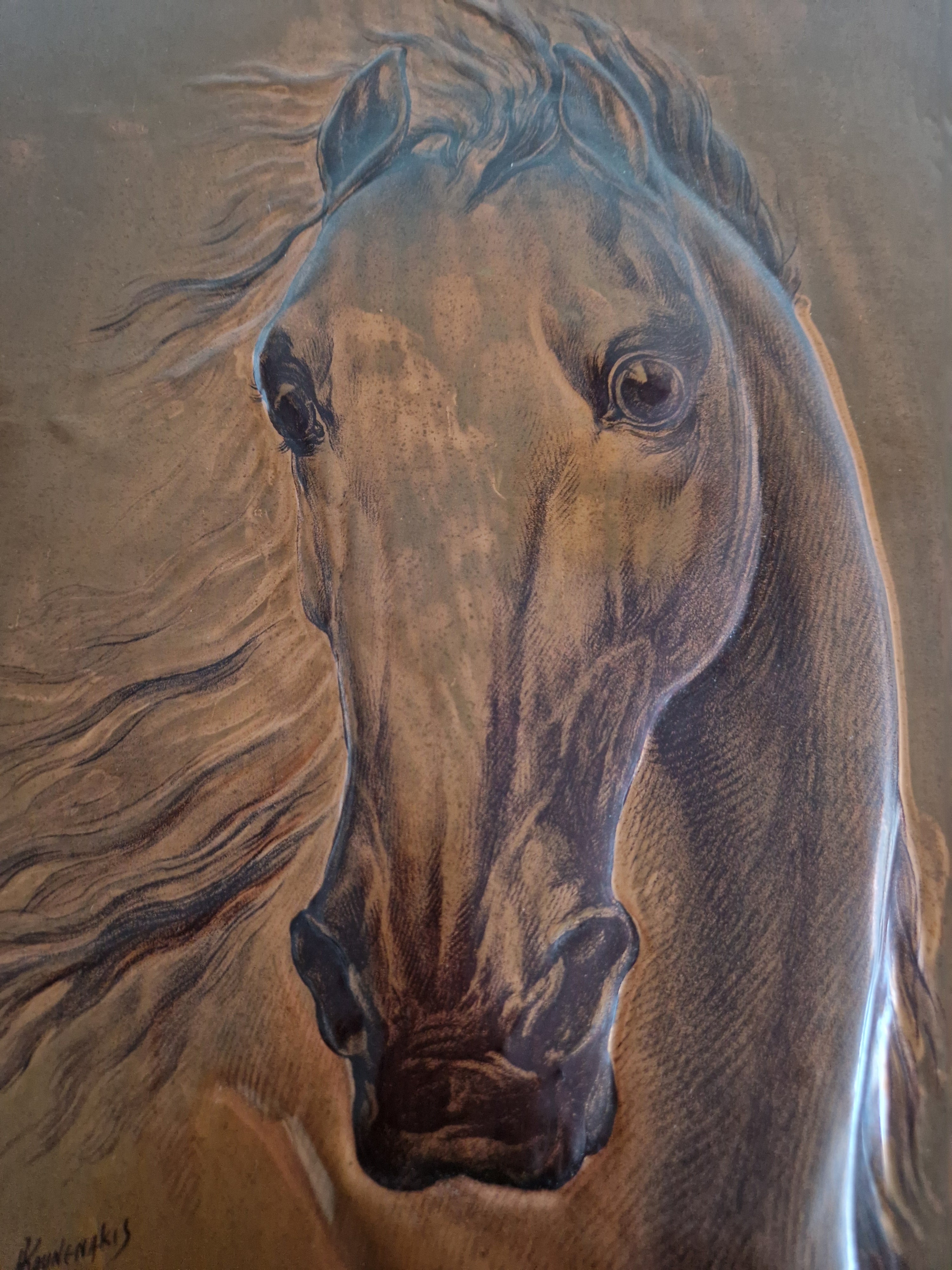 Copper Repousse Horse Portrait – Signed A. Kounenakis, 45×34 cm