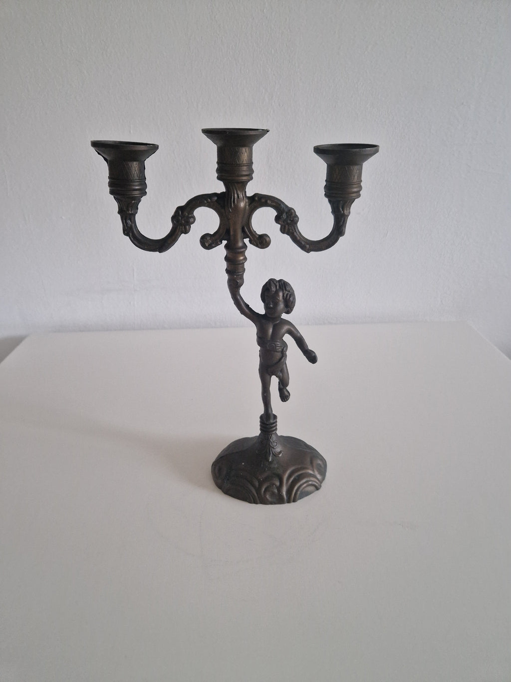 Vintage Cherub Candelabra | French Rococo 3-Arm Candle Holder with Dancing Putto Figure, c. Late 19th Century