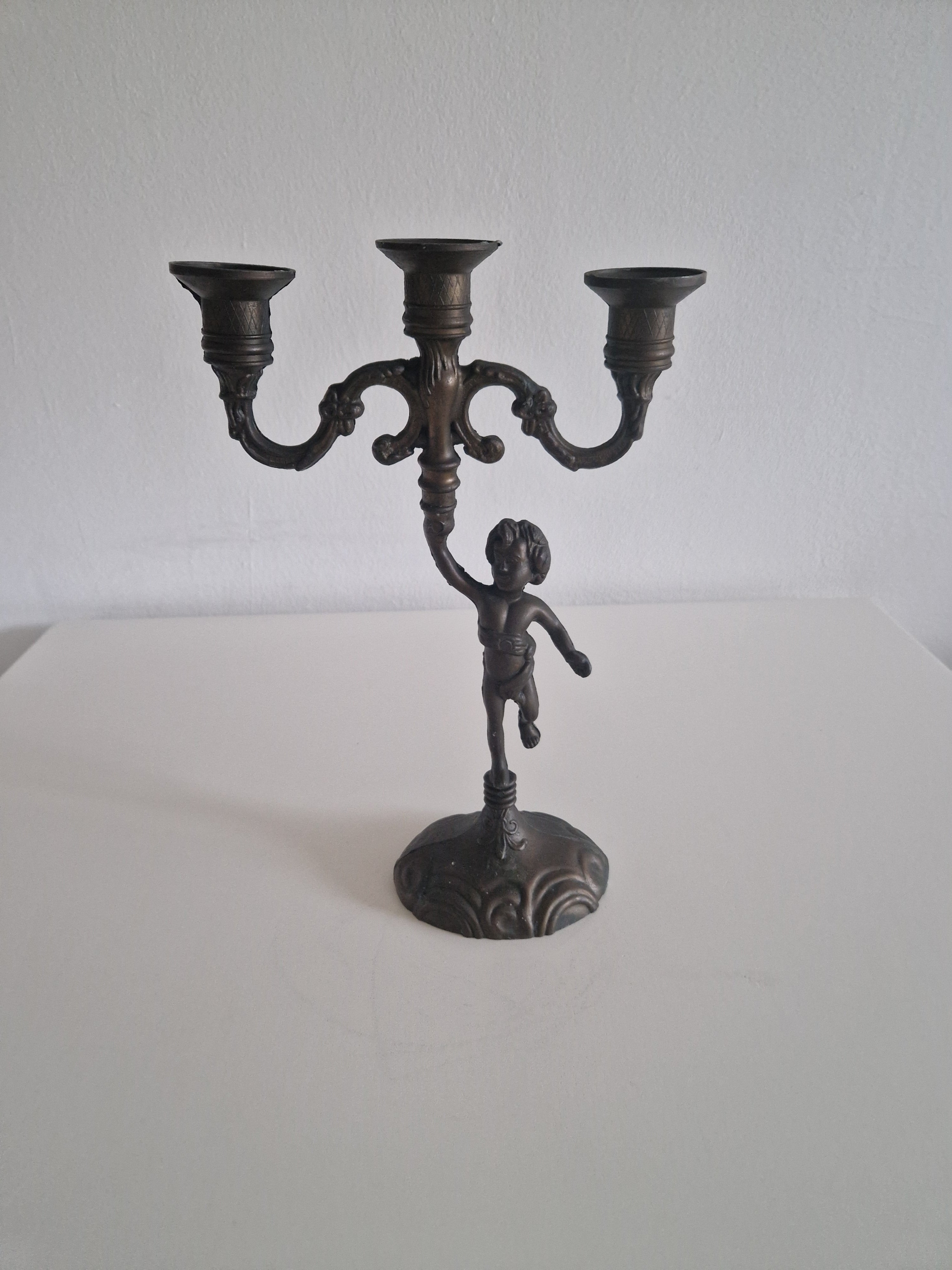 Vintage Cherub Candelabra | French Rococo 3-Arm Candle Holder with Dancing Putto Figure, c. Late 19th Century