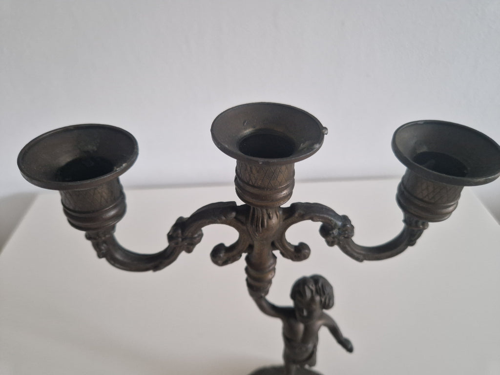 Vintage Cherub Candelabra | French Rococo 3-Arm Candle Holder with Dancing Putto Figure, c. Late 19th Century