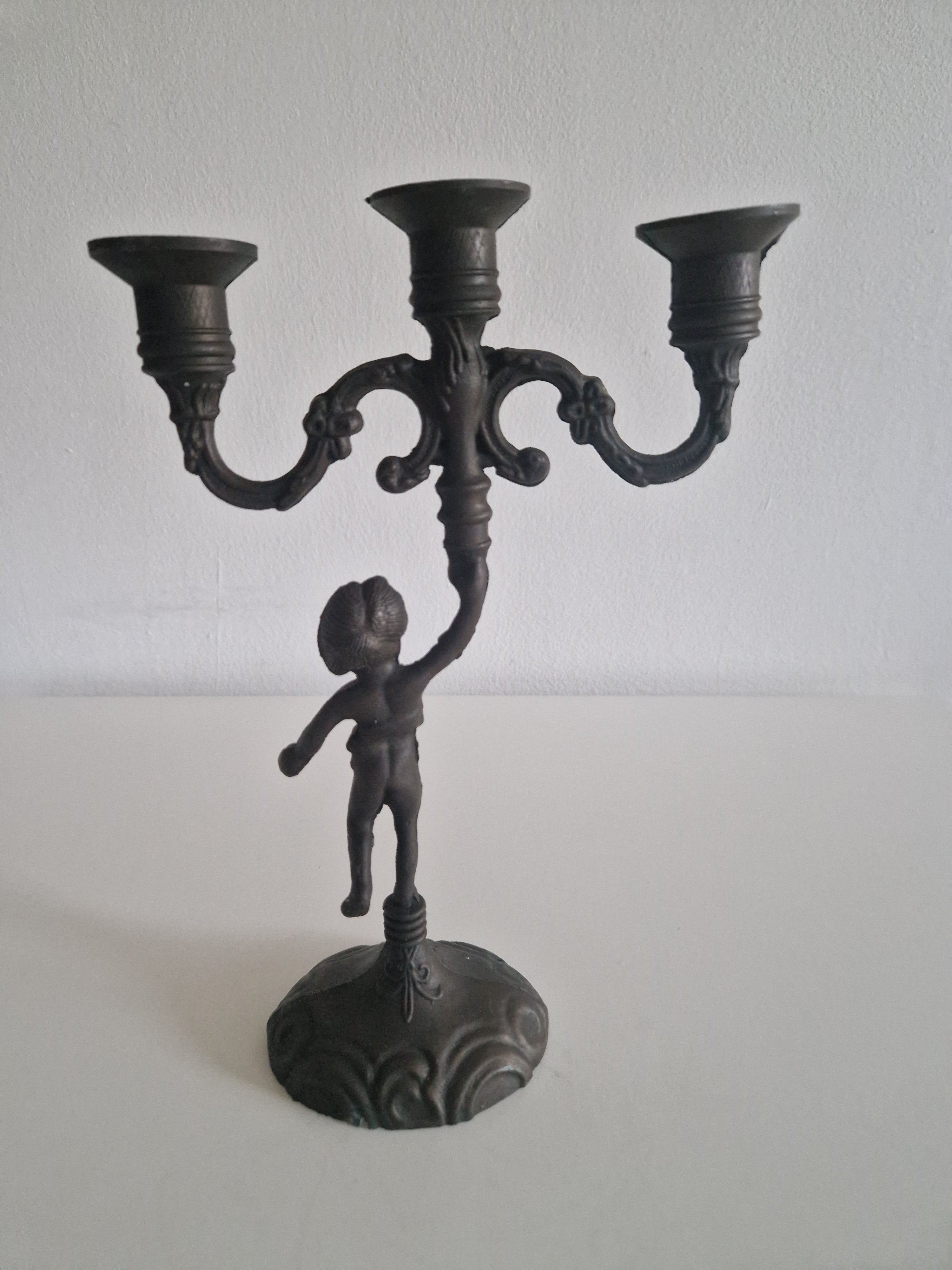Vintage Cherub Candelabra | French Rococo 3-Arm Candle Holder with Dancing Putto Figure, c. Late 19th Century