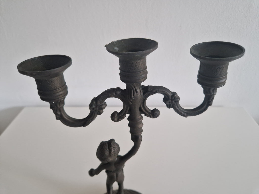 Vintage Cherub Candelabra | French Rococo 3-Arm Candle Holder with Dancing Putto Figure, c. Late 19th Century