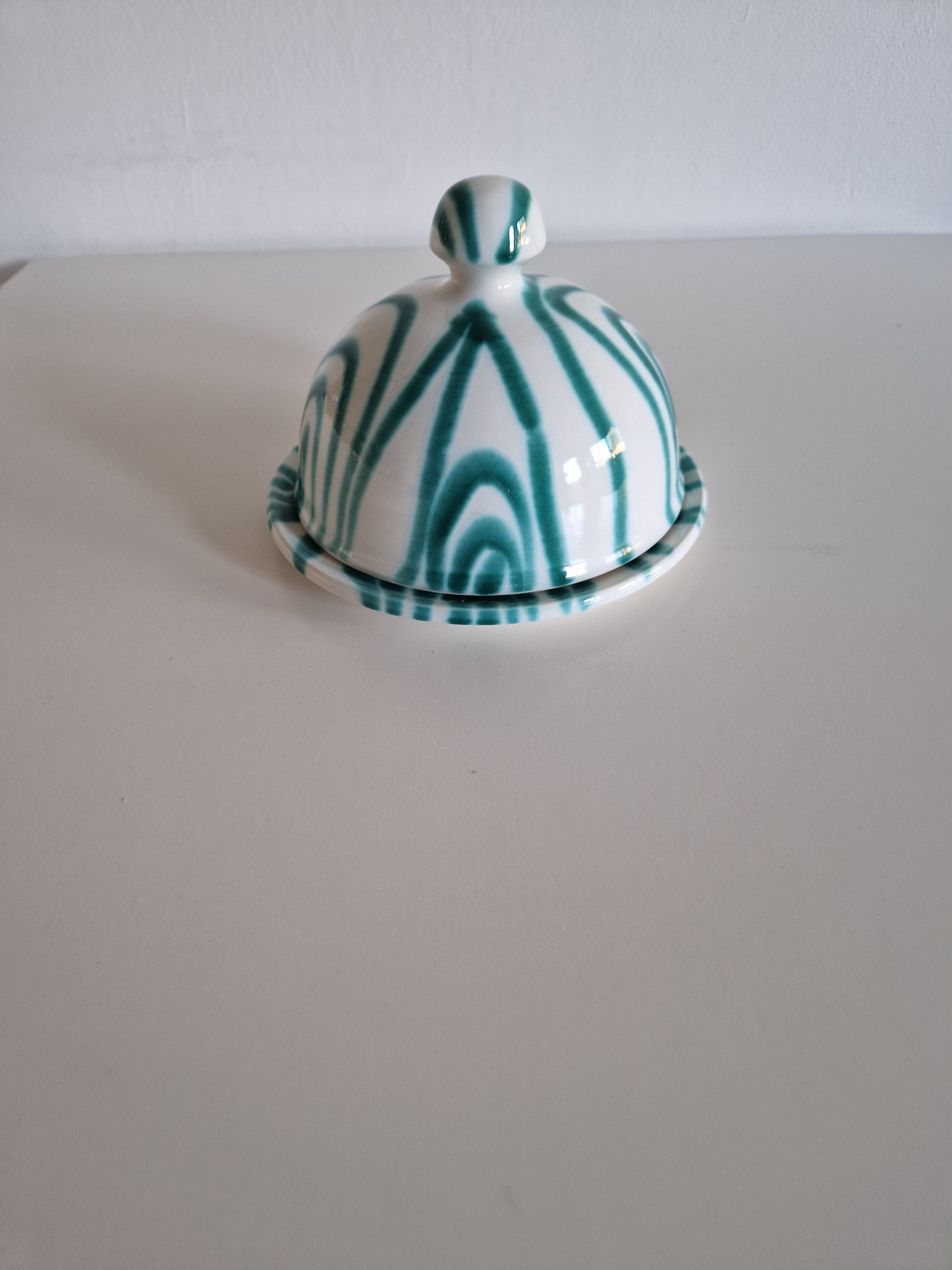 Vintage Gmundner Keramik Butter Dish | Austrian Folk Ceramics | Teal Landlinie Stripe Pattern, c. Mid-20th Century