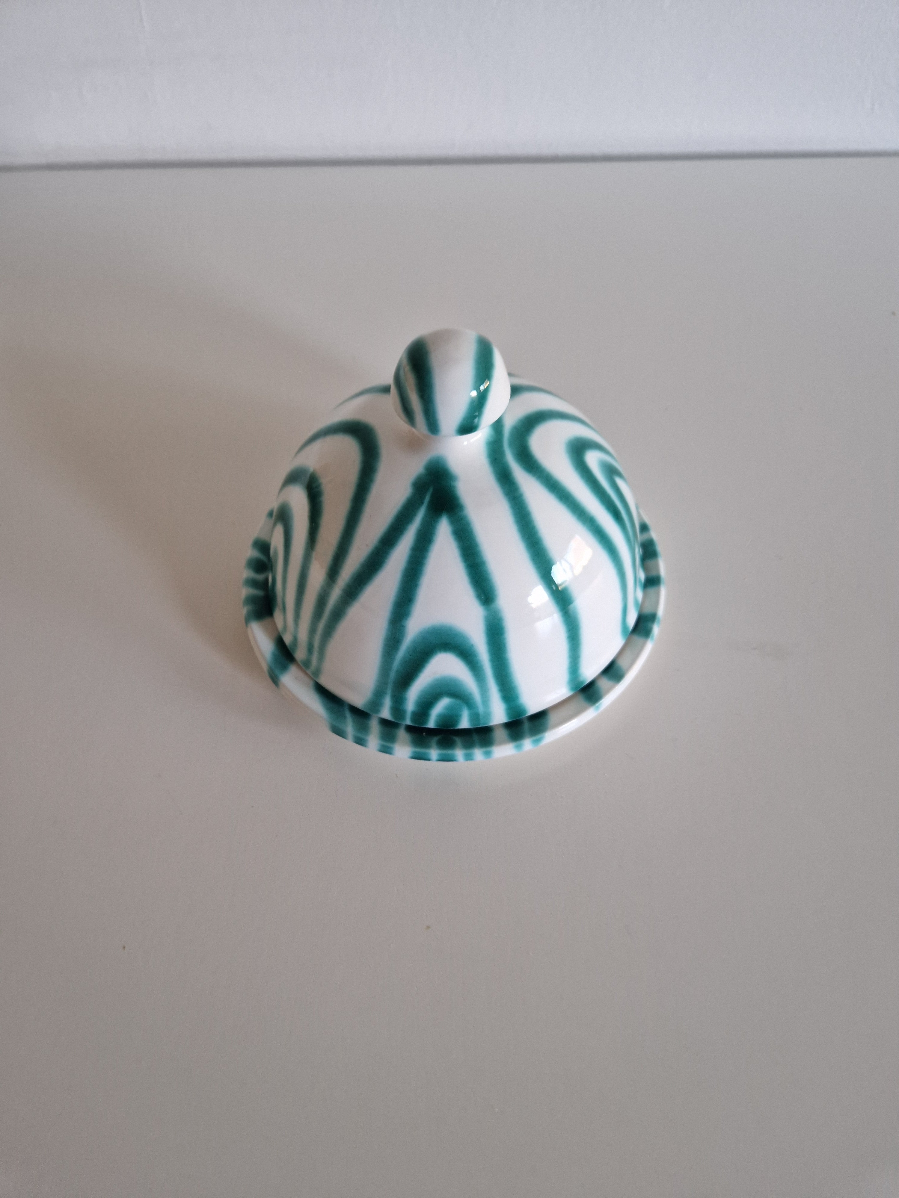Vintage Gmundner Keramik Butter Dish | Austrian Folk Ceramics | Teal Landlinie Stripe Pattern, c. Mid-20th Century