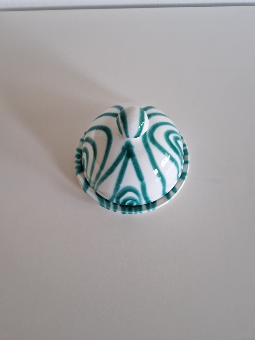 Vintage Gmundner Keramik Butter Dish | Austrian Folk Ceramics | Teal Landlinie Stripe Pattern, c. Mid-20th Century
