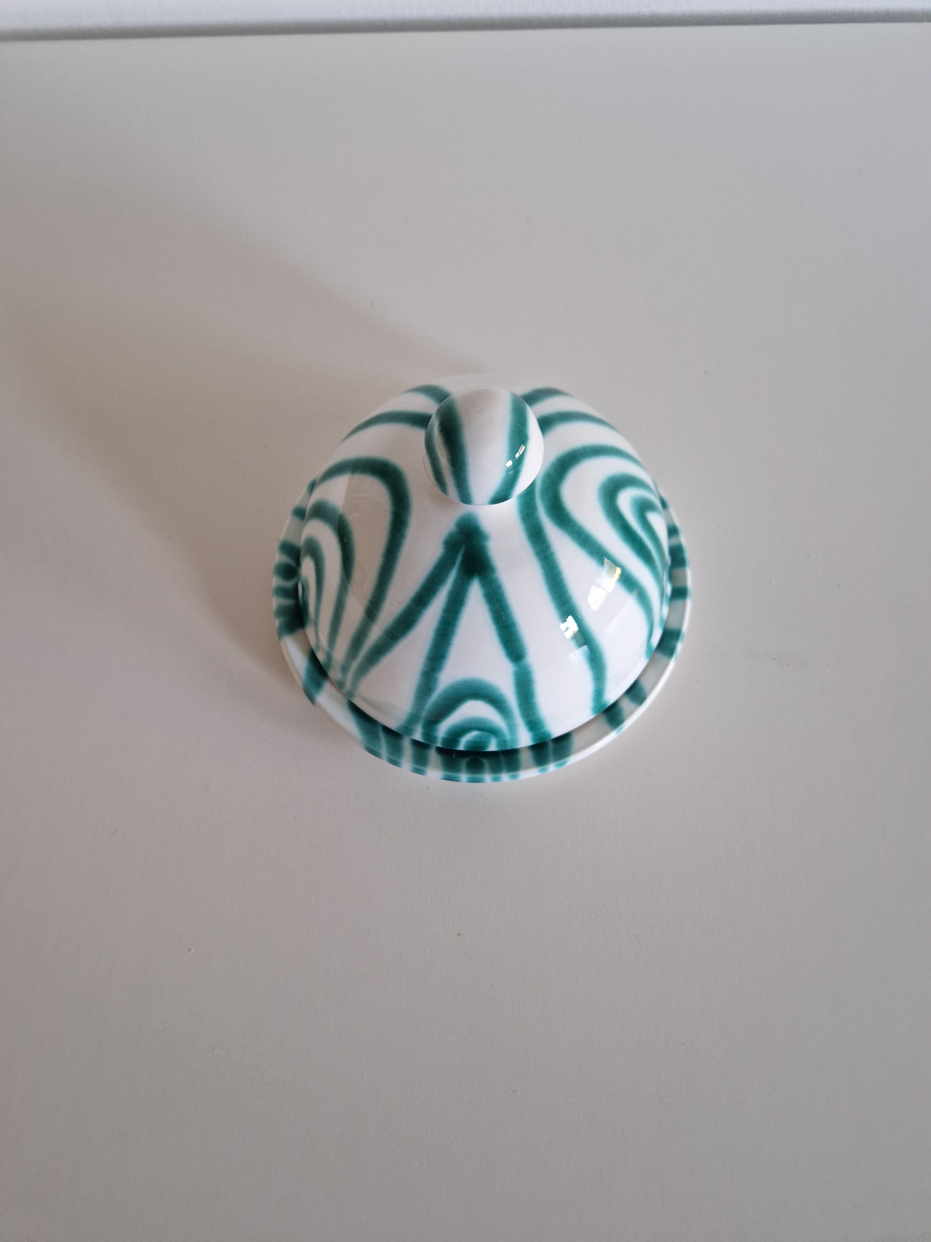 Vintage Gmundner Keramik Butter Dish | Austrian Folk Ceramics | Teal Landlinie Stripe Pattern, c. Mid-20th Century