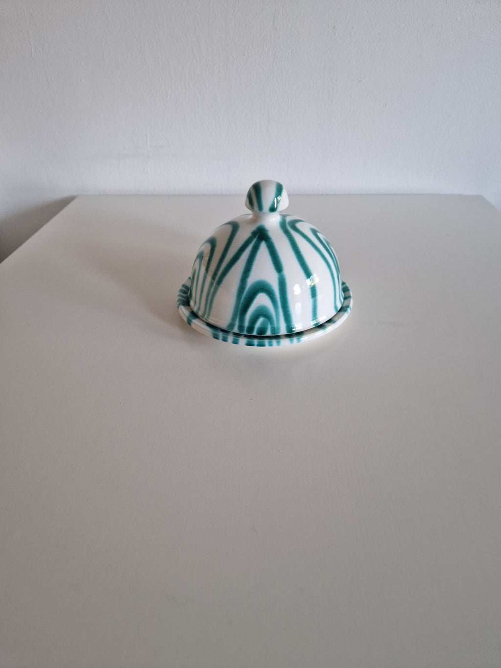 Vintage Gmundner Keramik Butter Dish | Austrian Folk Ceramics | Teal Landlinie Stripe Pattern, c. Mid-20th Century