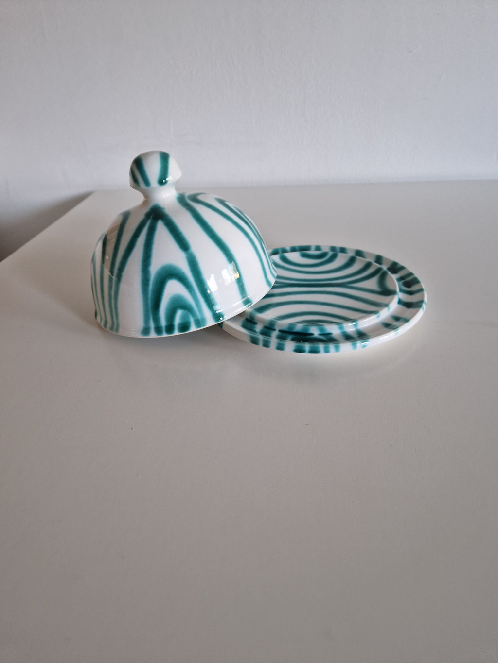 Vintage Gmundner Keramik Butter Dish | Austrian Folk Ceramics | Teal Landlinie Stripe Pattern, c. Mid-20th Century