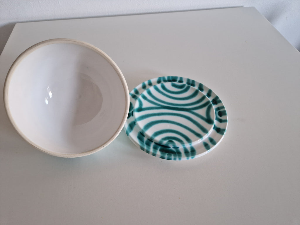Vintage Gmundner Keramik Butter Dish | Austrian Folk Ceramics | Teal Landlinie Stripe Pattern, c. Mid-20th Century