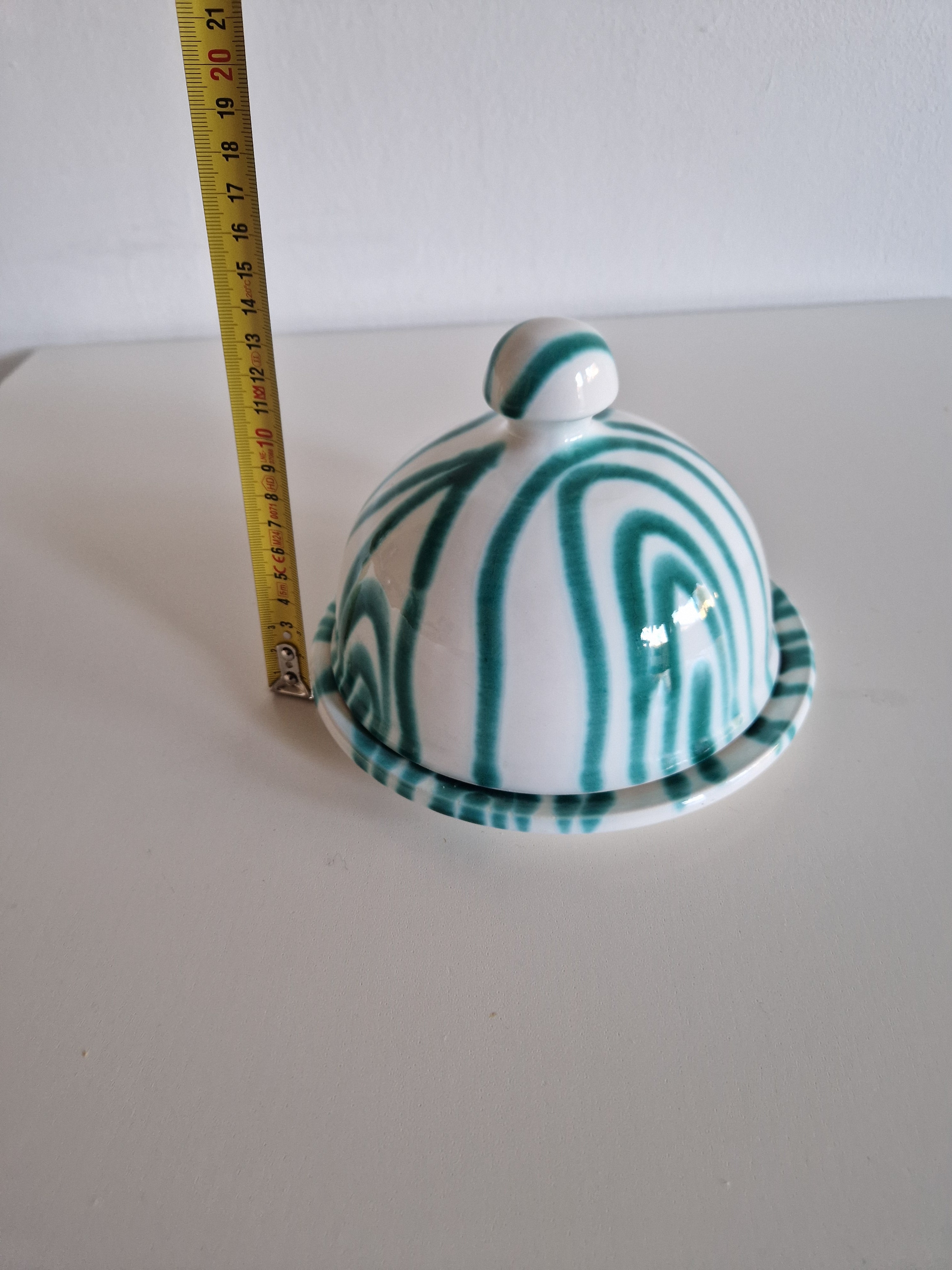 Vintage Gmundner Keramik Butter Dish | Austrian Folk Ceramics | Teal Landlinie Stripe Pattern, c. Mid-20th Century