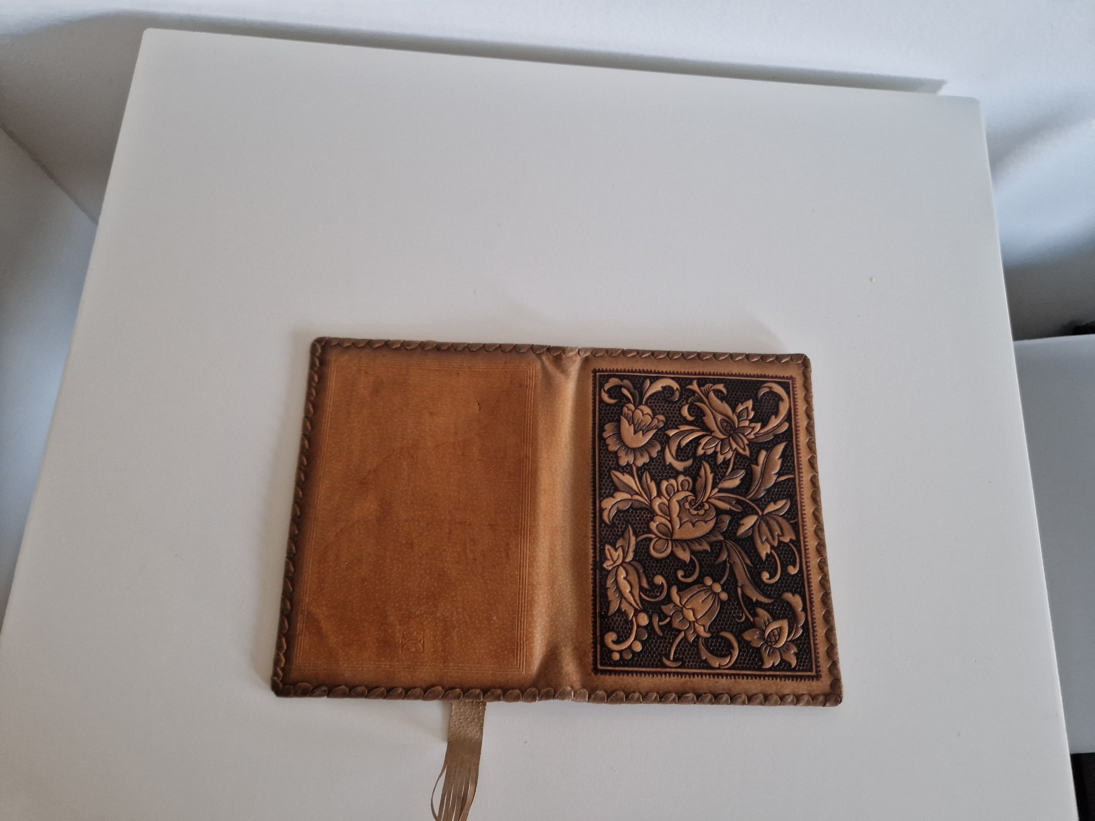 Vintage Hand-Tooled Leather Book Cover with Carved Floral Design & Tassel Closure