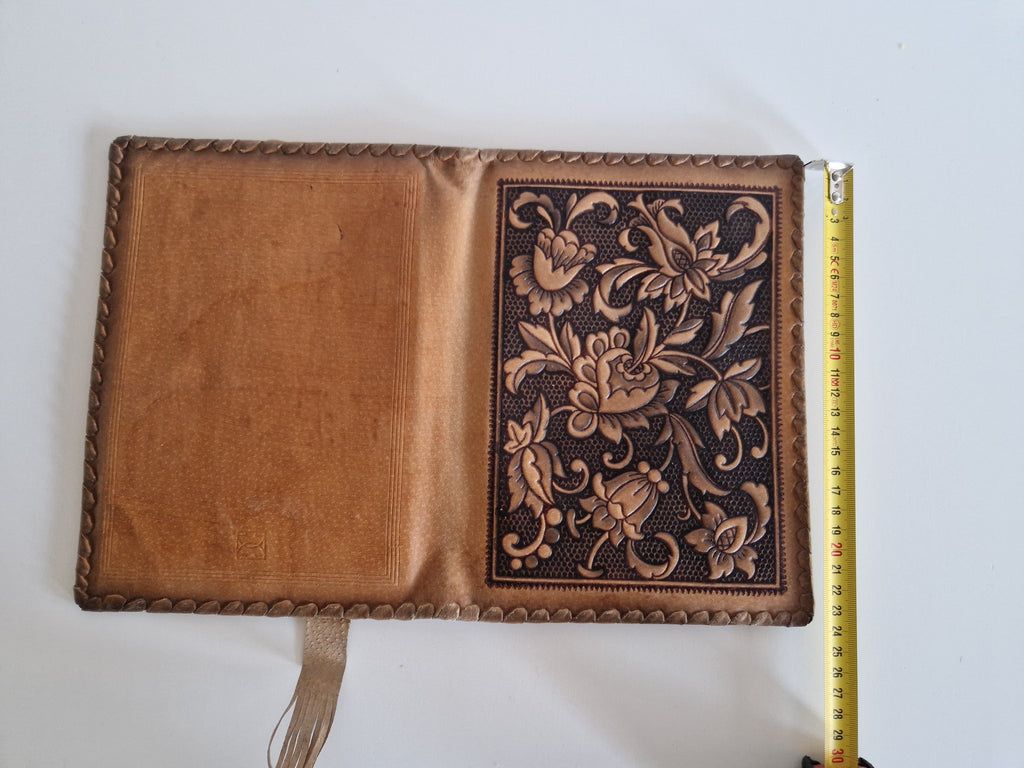 Vintage Hand-Tooled Leather Book Cover with Carved Floral Design & Tassel Closure