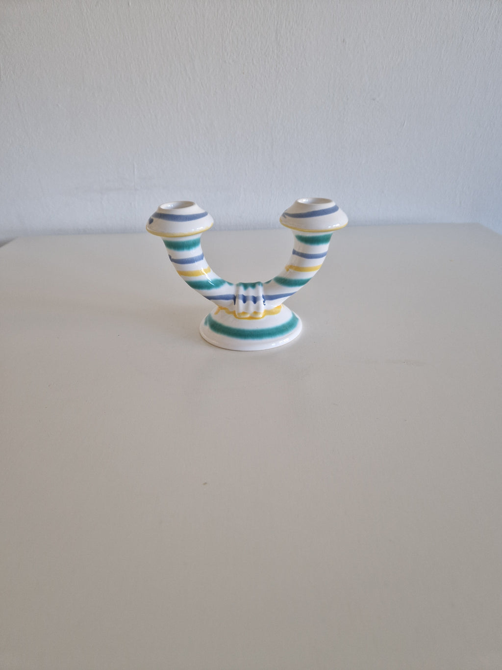 Vintage Gmundner Keramik Double Candle Holder | Two-Arm Ceramic Candelabra | Multicolour Stripe Pattern, c. Mid-20th Century