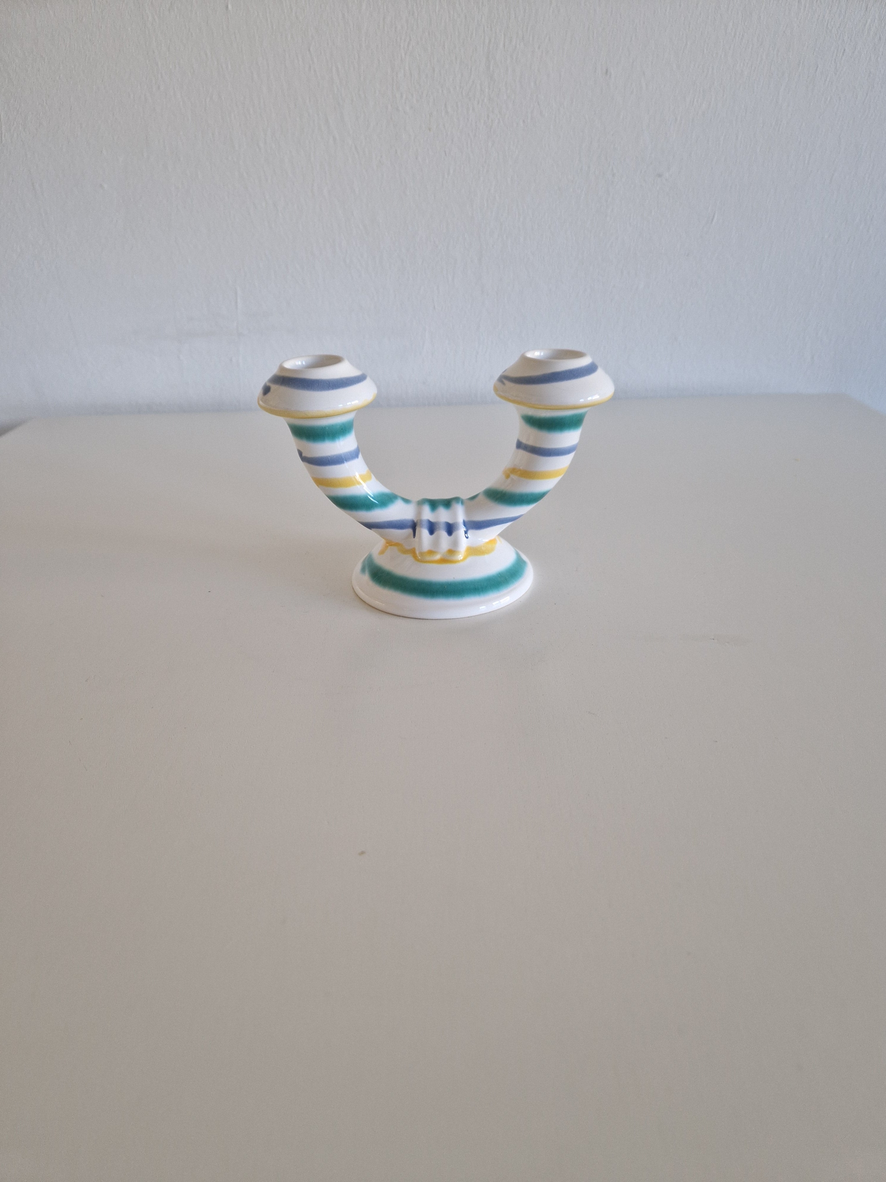 Vintage Gmundner Keramik Double Candle Holder | Two-Arm Ceramic Candelabra | Multicolour Stripe Pattern, c. Mid-20th Century