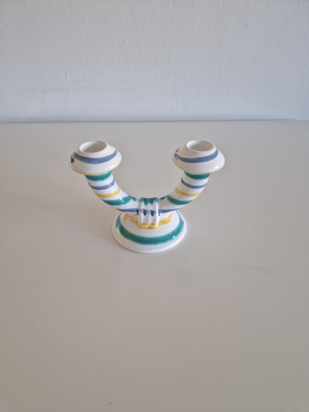 Vintage Gmundner Keramik Double Candle Holder | Two-Arm Ceramic Candelabra | Multicolour Stripe Pattern, c. Mid-20th Century