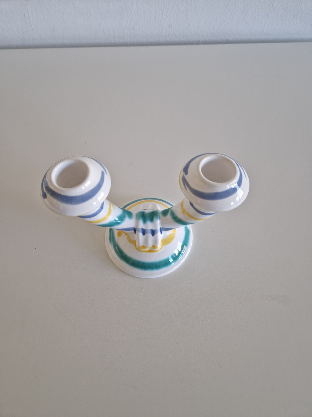 Vintage Gmundner Keramik Double Candle Holder | Two-Arm Ceramic Candelabra | Multicolour Stripe Pattern, c. Mid-20th Century