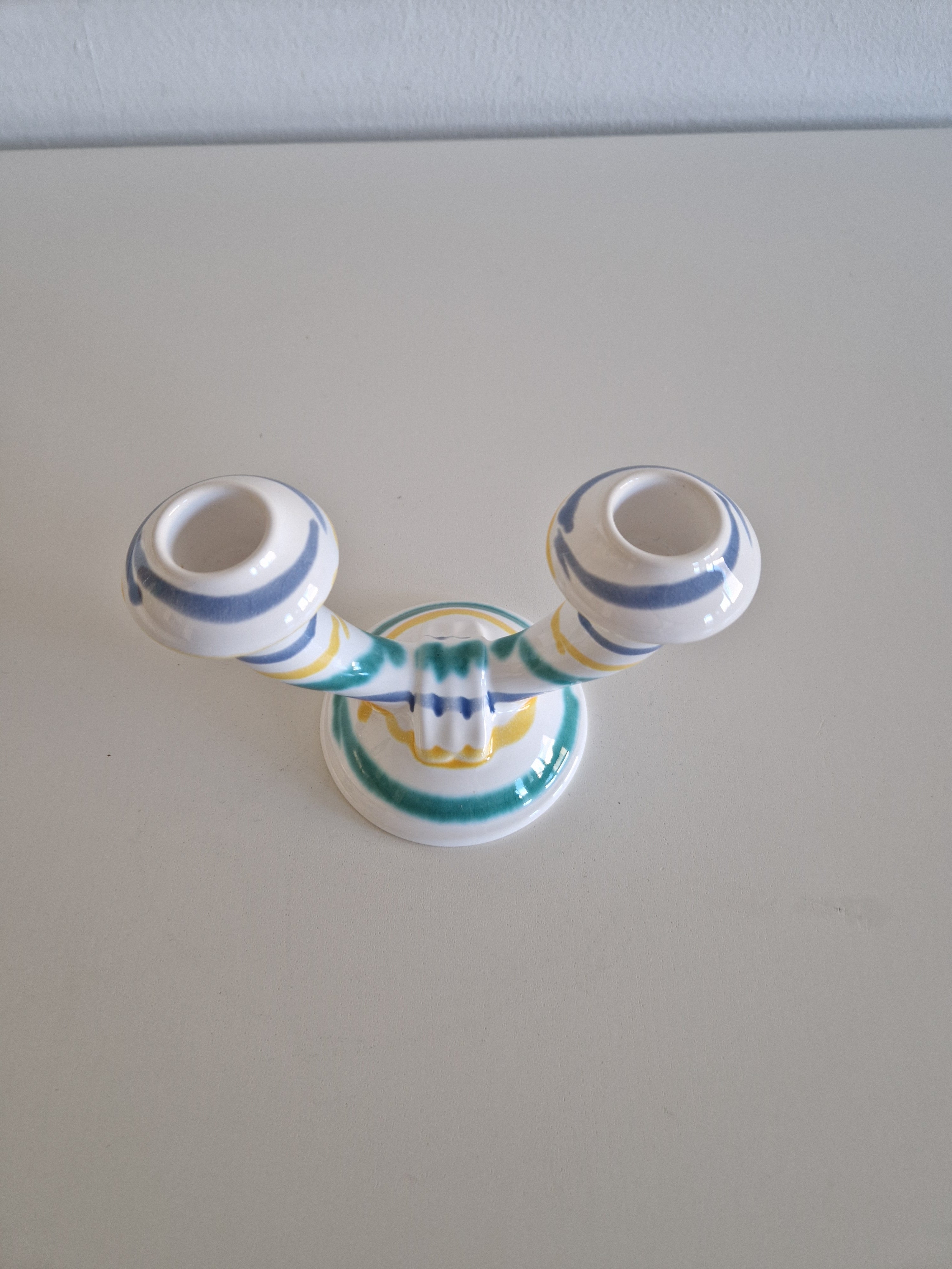 Vintage Gmundner Keramik Double Candle Holder | Two-Arm Ceramic Candelabra | Multicolour Stripe Pattern, c. Mid-20th Century