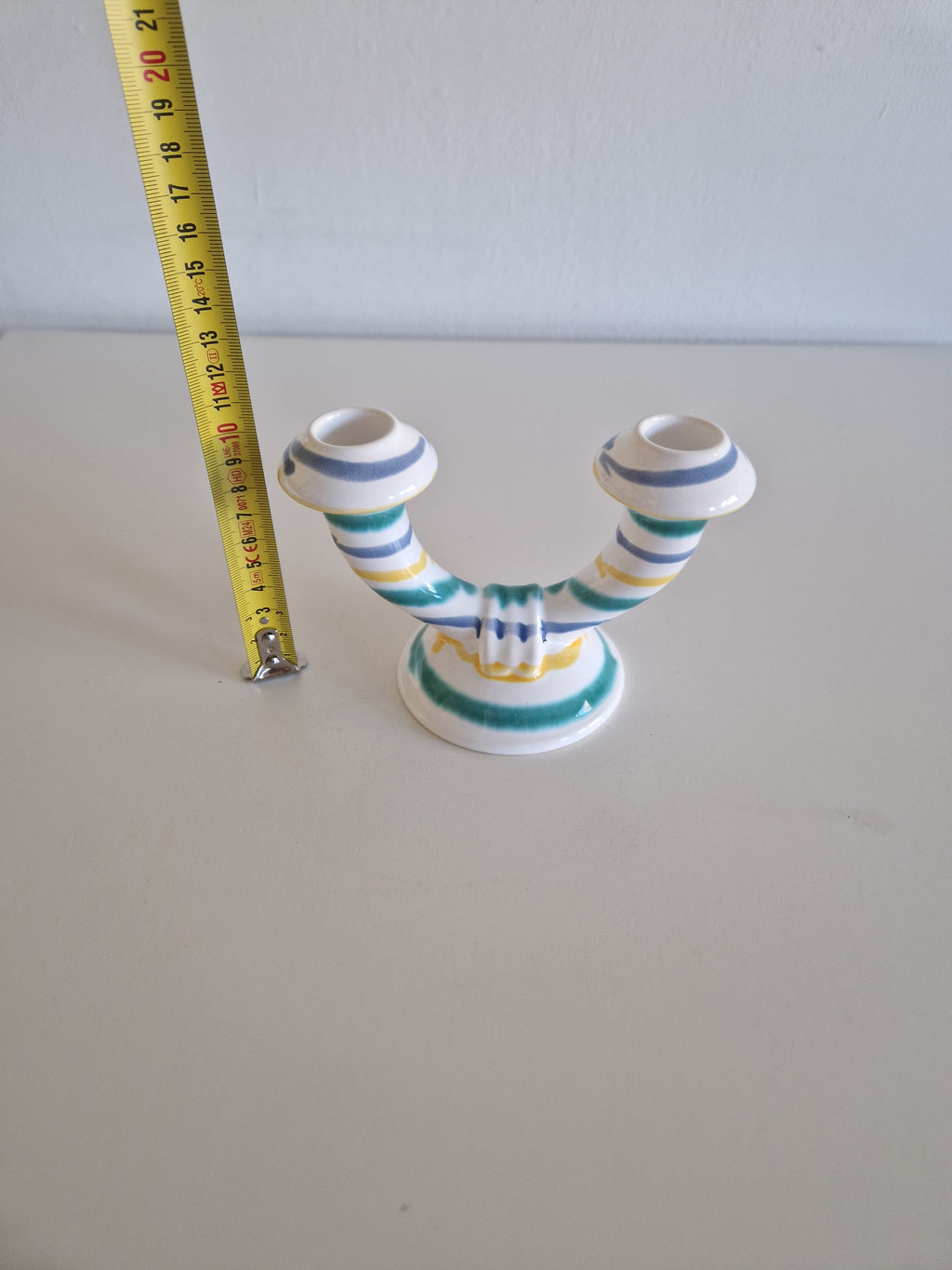 Vintage Gmundner Keramik Double Candle Holder | Two-Arm Ceramic Candelabra | Multicolour Stripe Pattern, c. Mid-20th Century