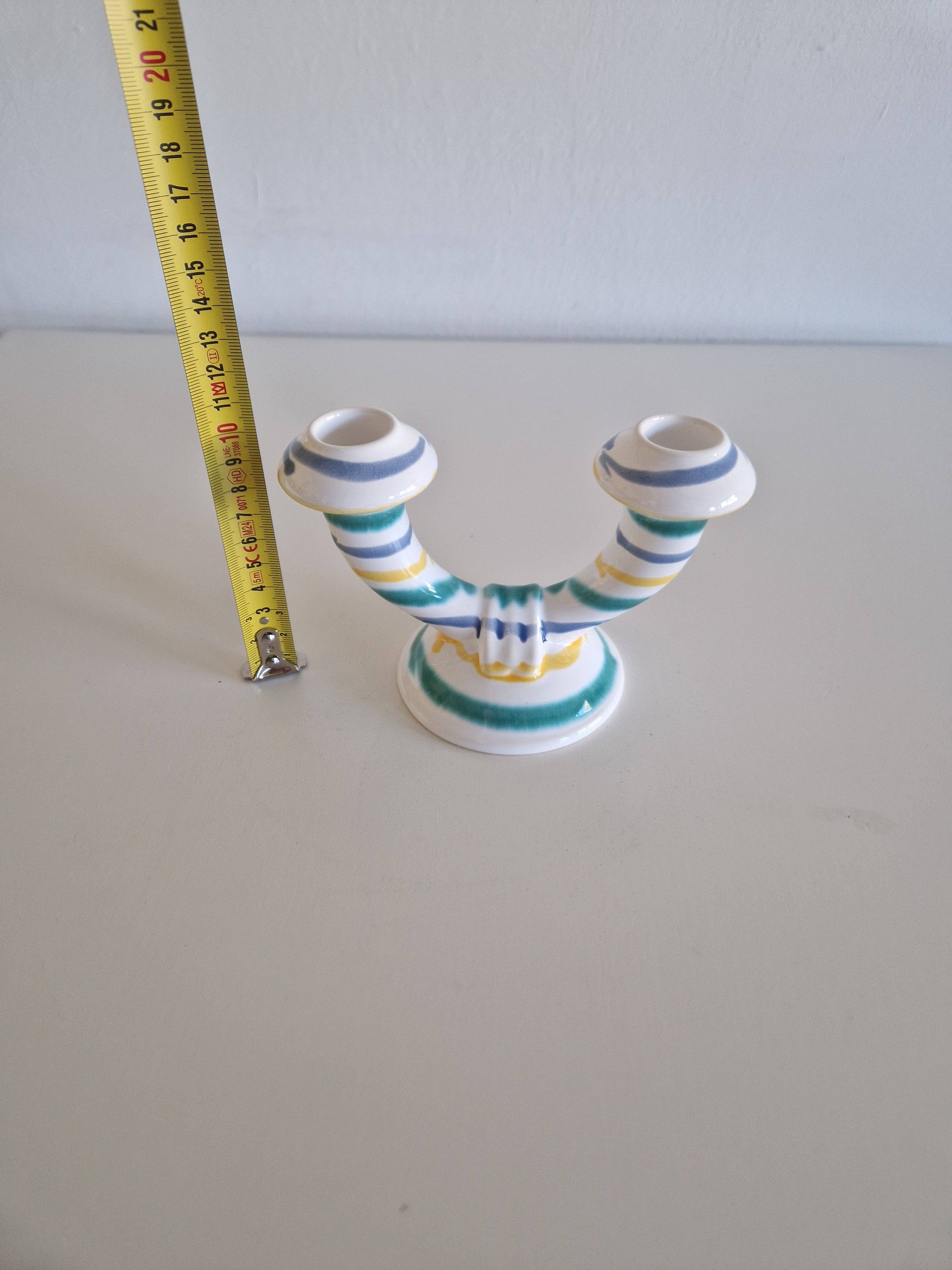 Vintage Gmundner Keramik Double Candle Holder | Two-Arm Ceramic Candelabra | Multicolour Stripe Pattern, c. Mid-20th Century