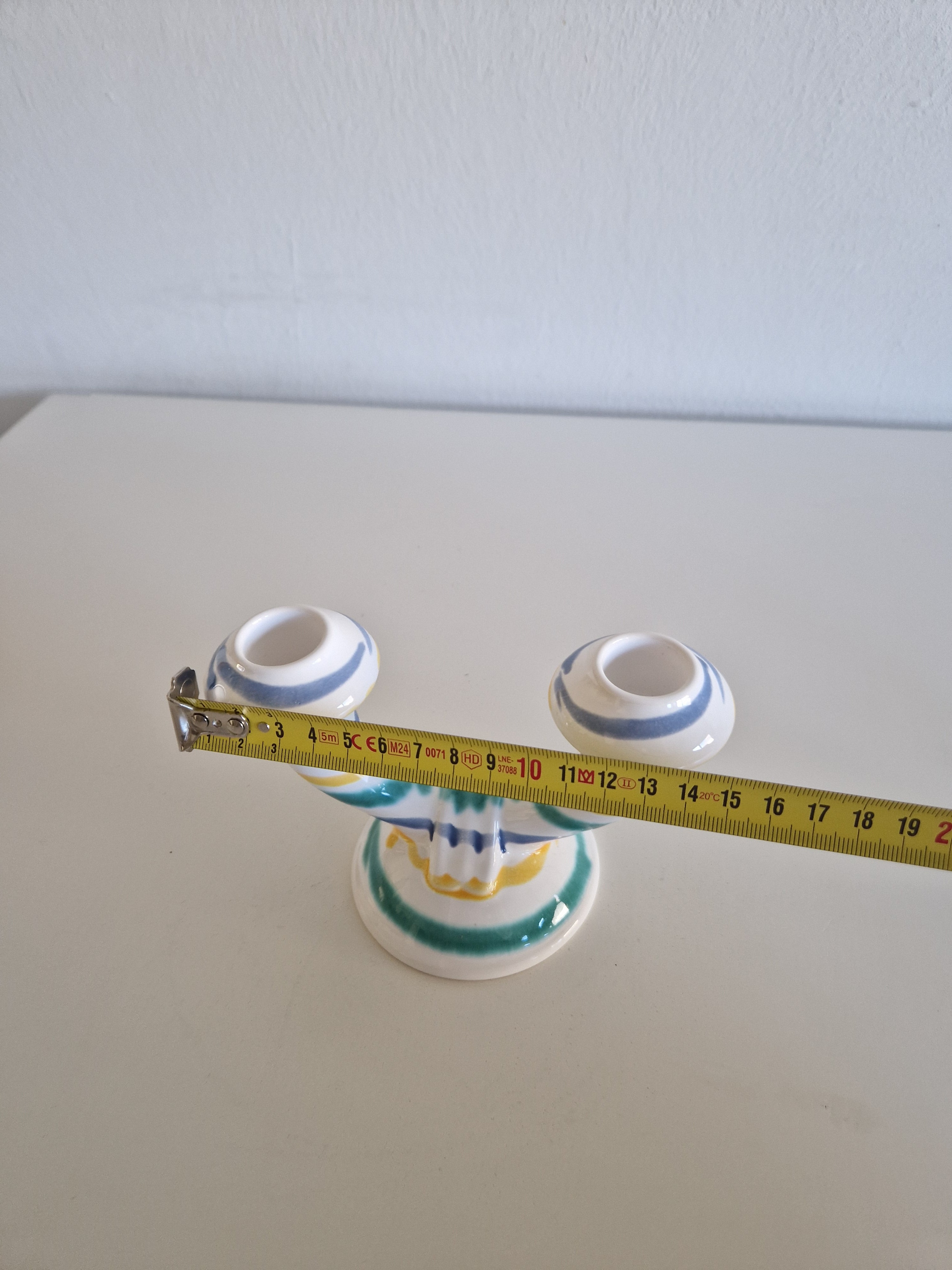 Vintage Gmundner Keramik Double Candle Holder | Two-Arm Ceramic Candelabra | Multicolour Stripe Pattern, c. Mid-20th Century