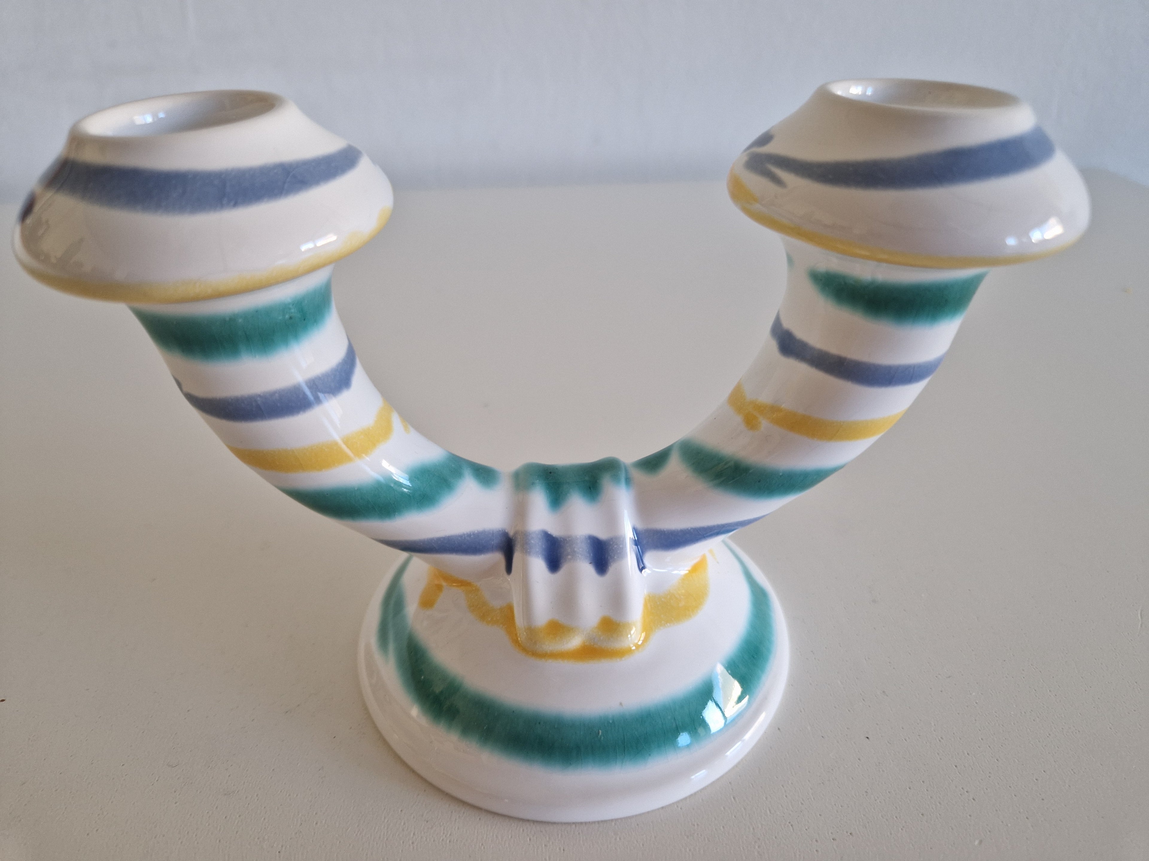 Vintage Gmundner Keramik Double Candle Holder | Two-Arm Ceramic Candelabra | Multicolour Stripe Pattern, c. Mid-20th Century