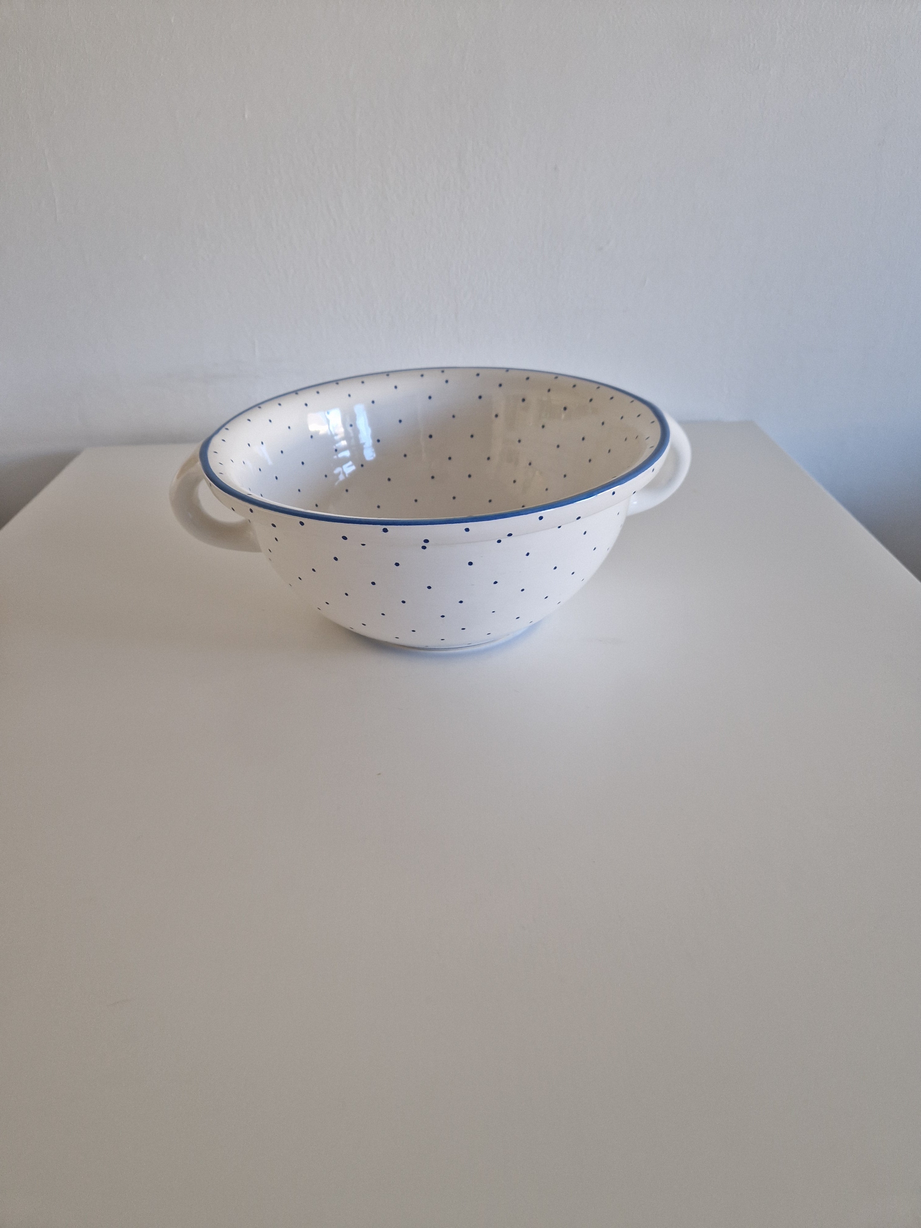 Vintage Gmundner Keramik Large Salad Bowl | Blaupunkte Blue Dot Pattern | Lug Handles | c. Mid-20th Century