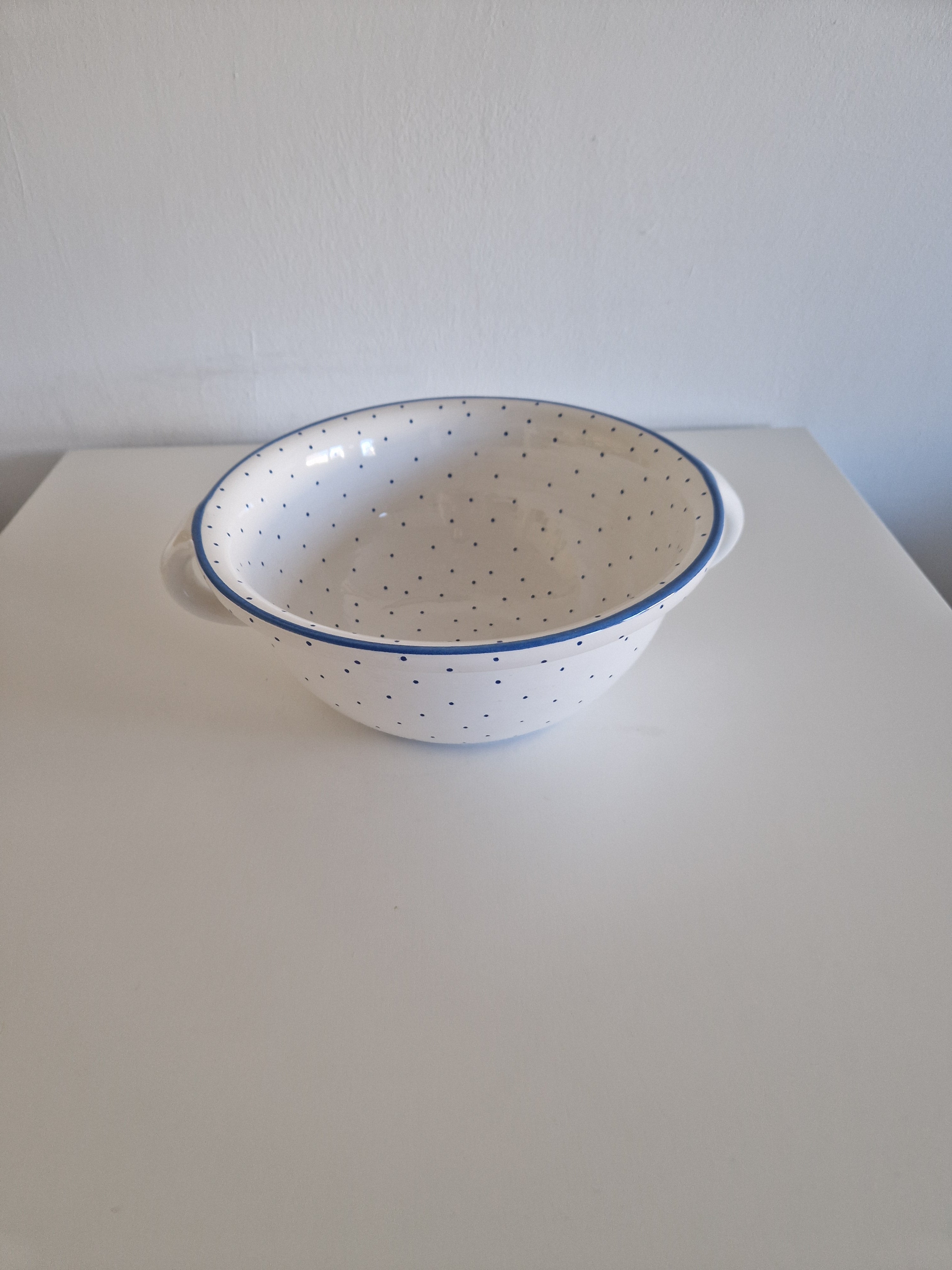 Vintage Gmundner Keramik Large Salad Bowl | Blaupunkte Blue Dot Pattern | Lug Handles | c. Mid-20th Century
