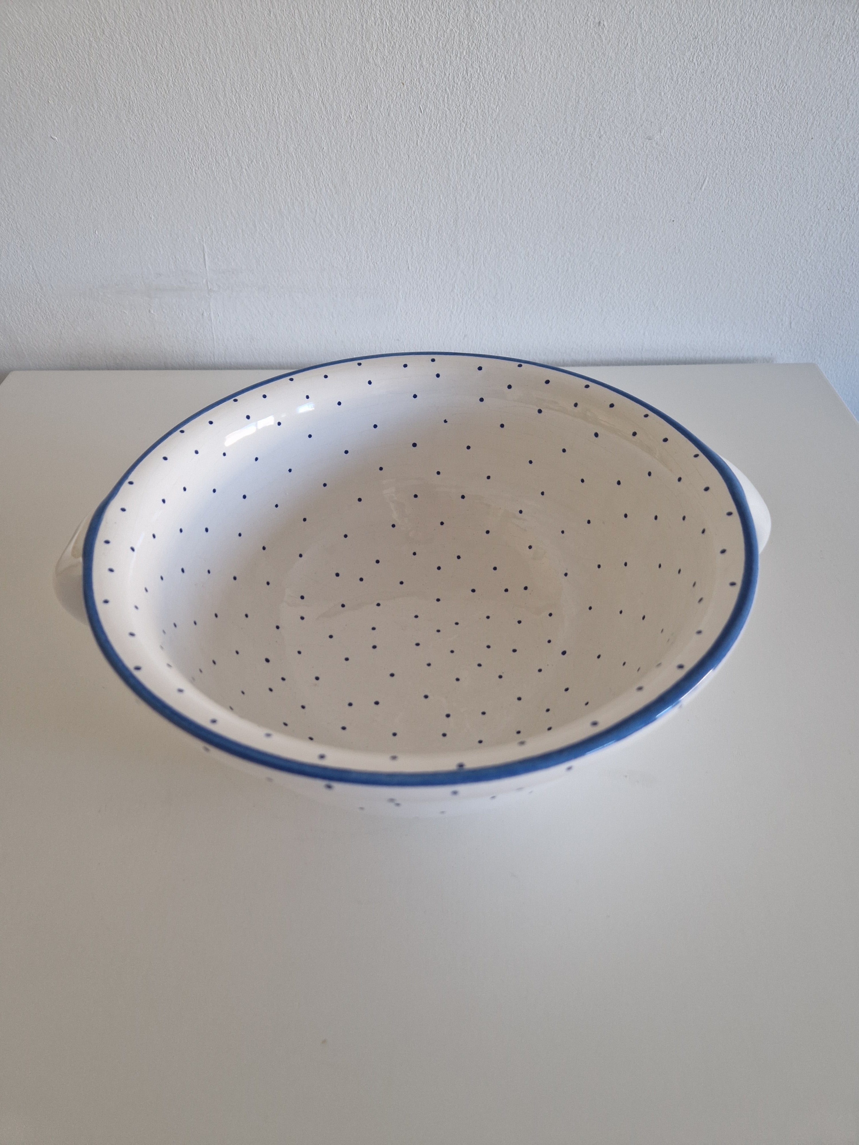 Vintage Gmundner Keramik Large Salad Bowl | Blaupunkte Blue Dot Pattern | Lug Handles | c. Mid-20th Century