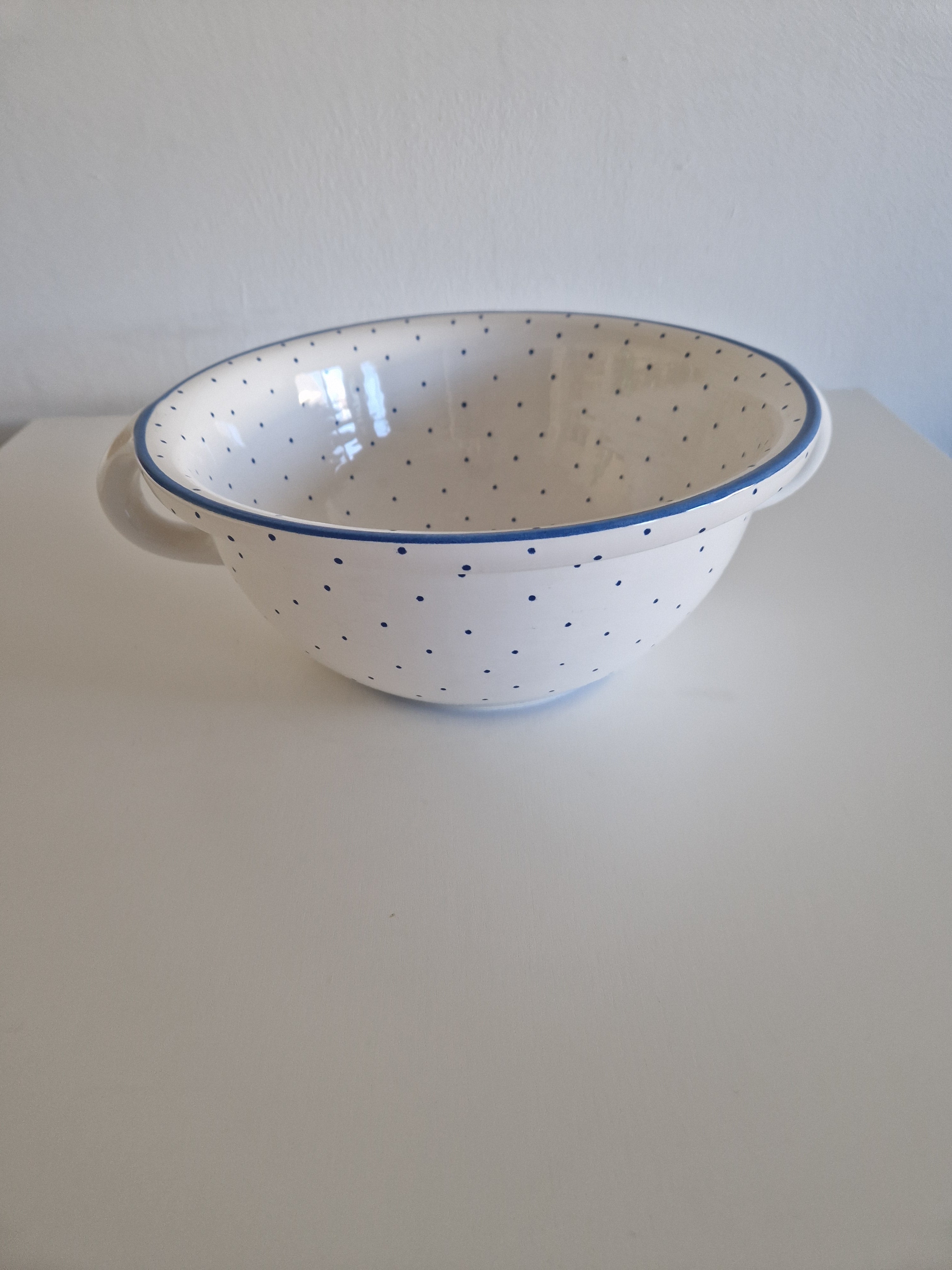 Vintage Gmundner Keramik Large Salad Bowl | Blaupunkte Blue Dot Pattern | Lug Handles | c. Mid-20th Century