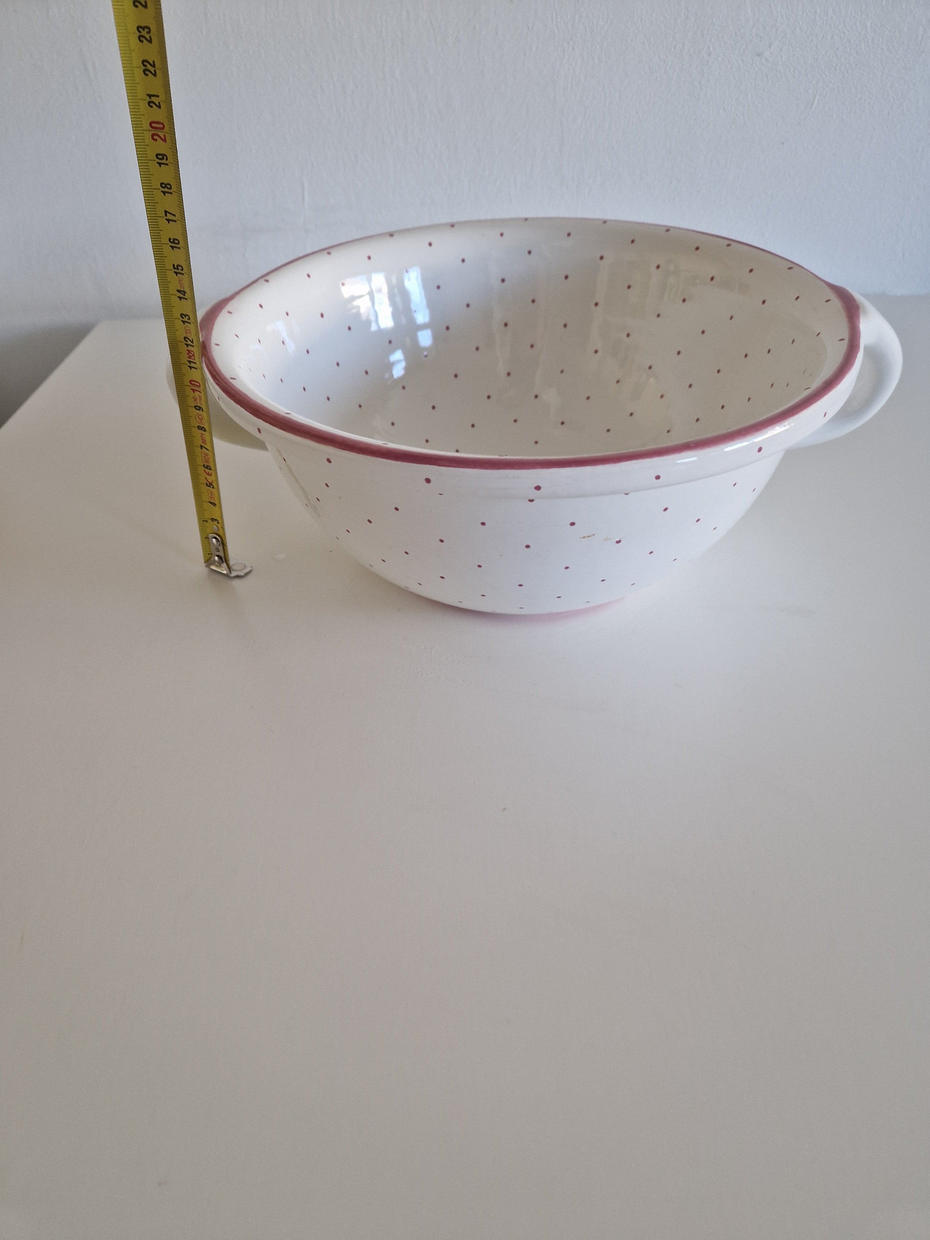 Vintage Gmundner Keramik Large Salad Bowl | Rotpunkte Red Dot Pattern | Lug Handles | c. Mid-20th Century