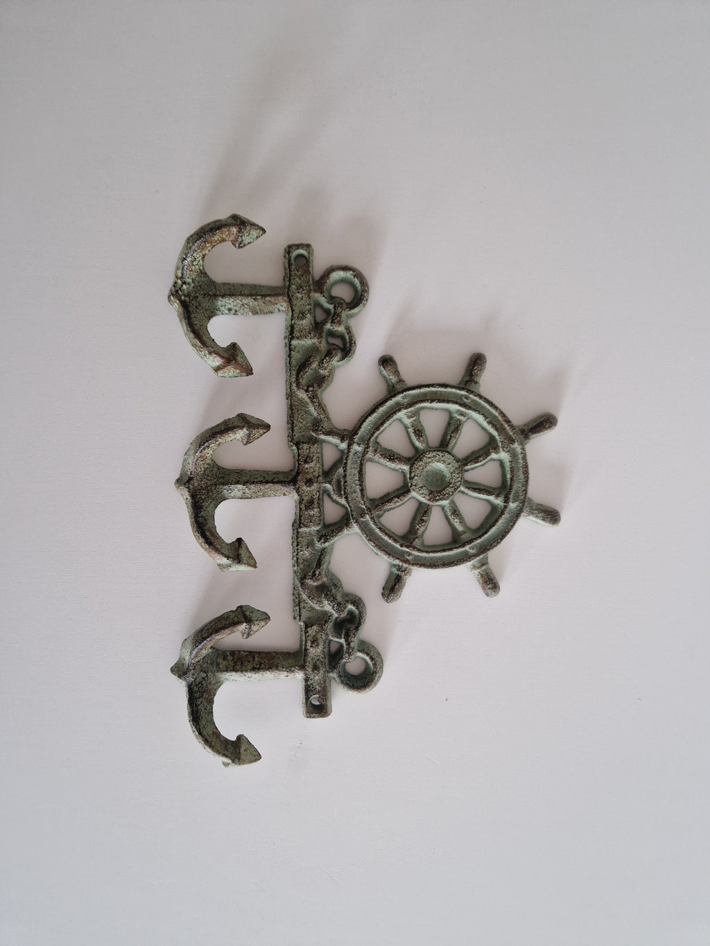 Vintage Cast Iron Nautical Wall Hook Rack | Ship's Wheel & Anchor | 3 Hooks | Distressed Verdigris Finish