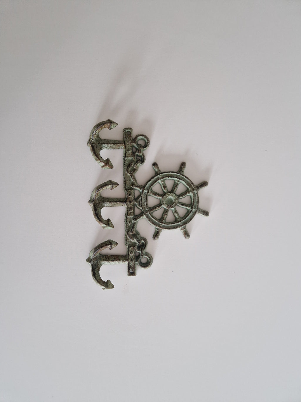 Vintage Cast Iron Nautical Wall Hook Rack | Ship's Wheel & Anchor | 3 Hooks | Distressed Verdigris Finish
