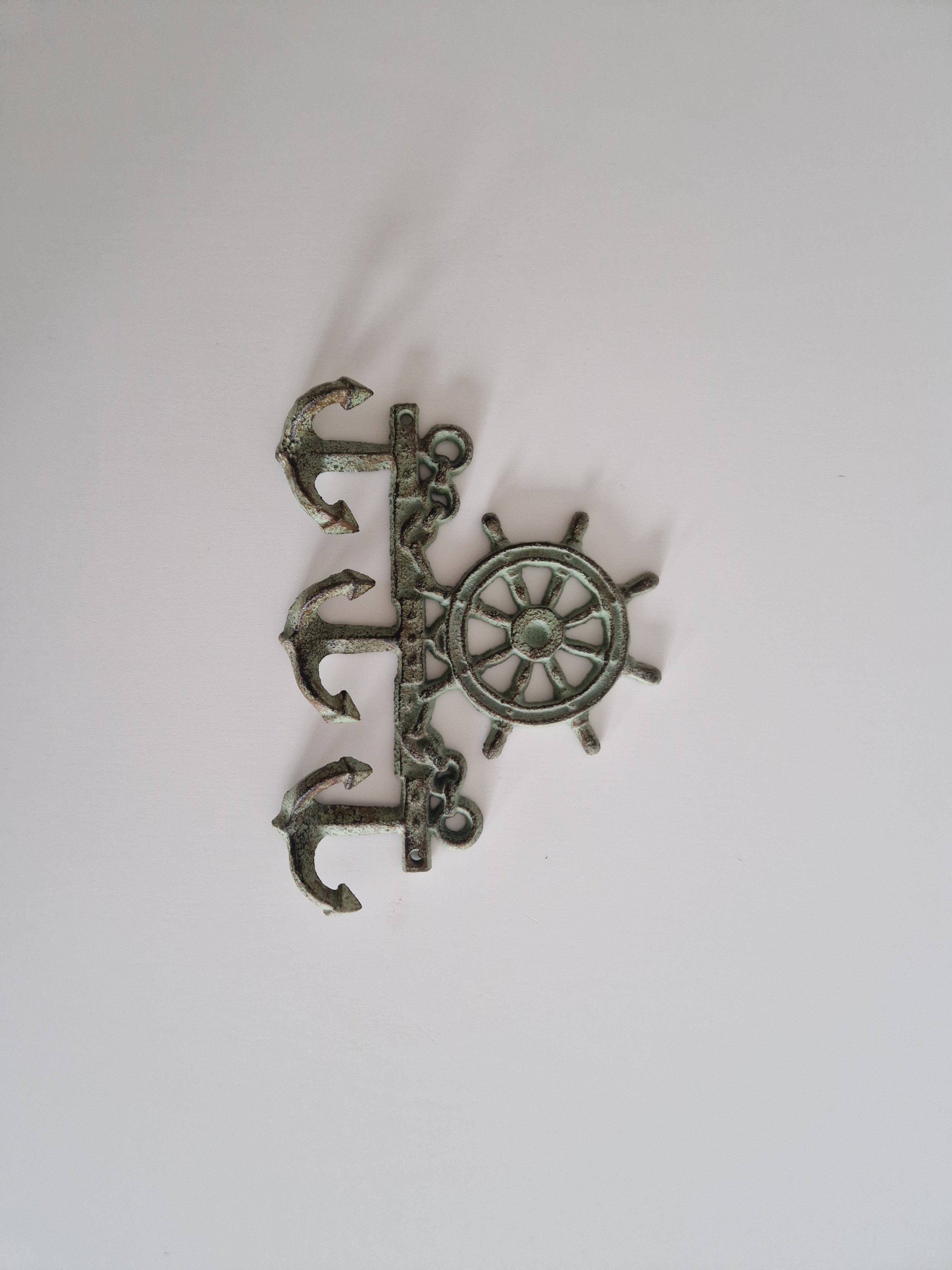 Vintage Cast Iron Nautical Wall Hook Rack | Ship's Wheel & Anchor | 3 Hooks | Distressed Verdigris Finish
