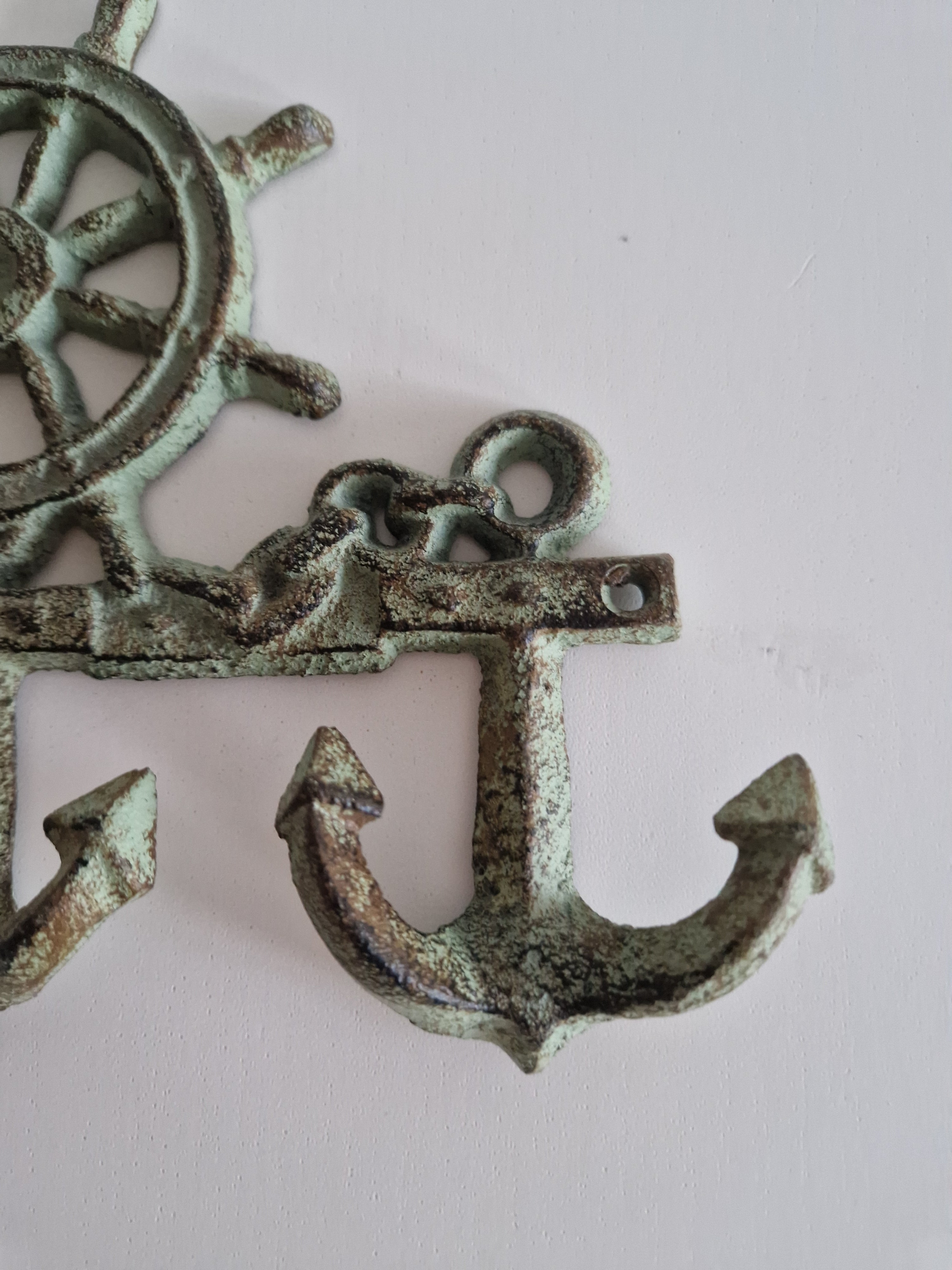 Vintage Cast Iron Nautical Wall Hook Rack | Ship's Wheel & Anchor | 3 Hooks | Distressed Verdigris Finish