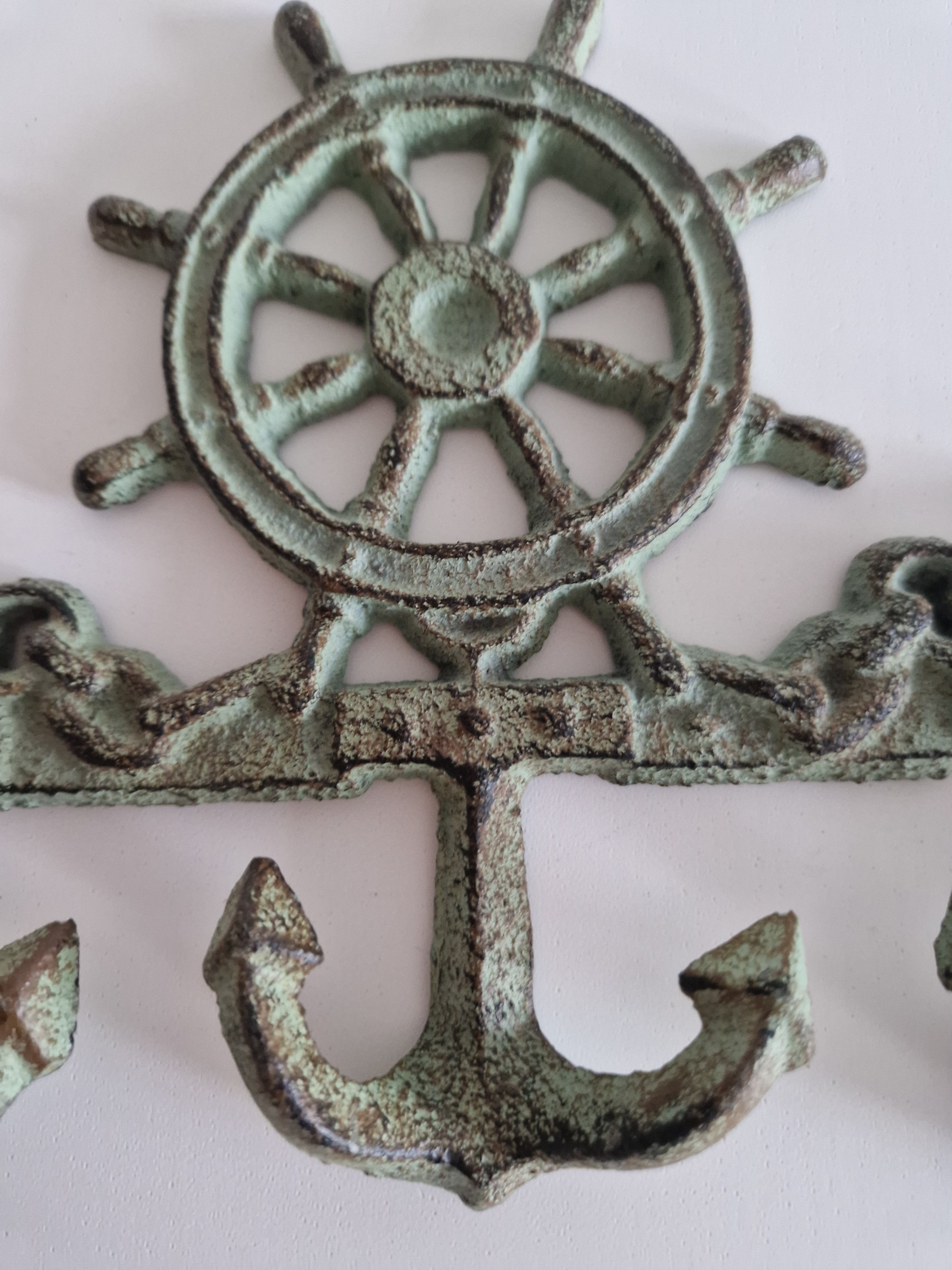 Vintage Cast Iron Nautical Wall Hook Rack | Ship's Wheel & Anchor | 3 Hooks | Distressed Verdigris Finish