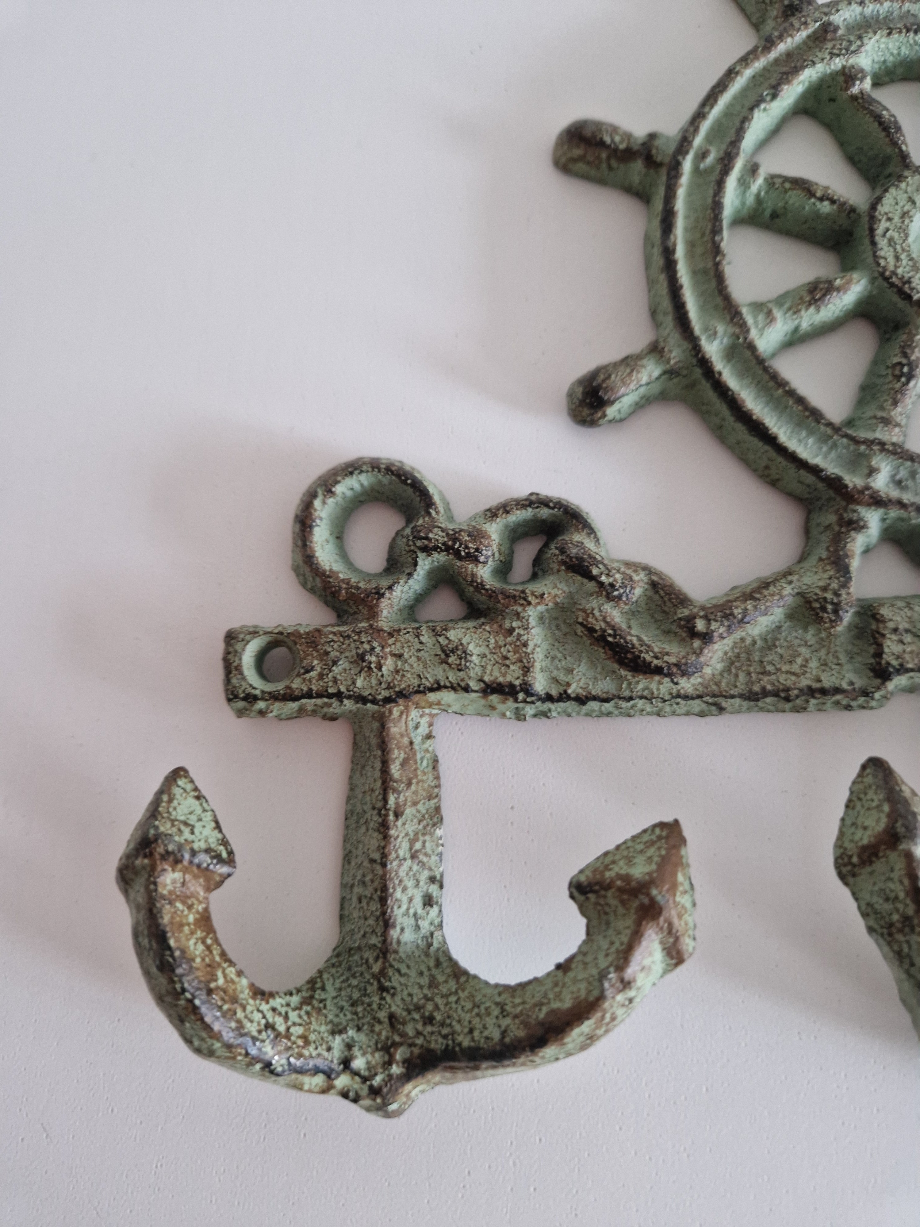 Vintage Cast Iron Nautical Wall Hook Rack | Ship's Wheel & Anchor | 3 Hooks | Distressed Verdigris Finish