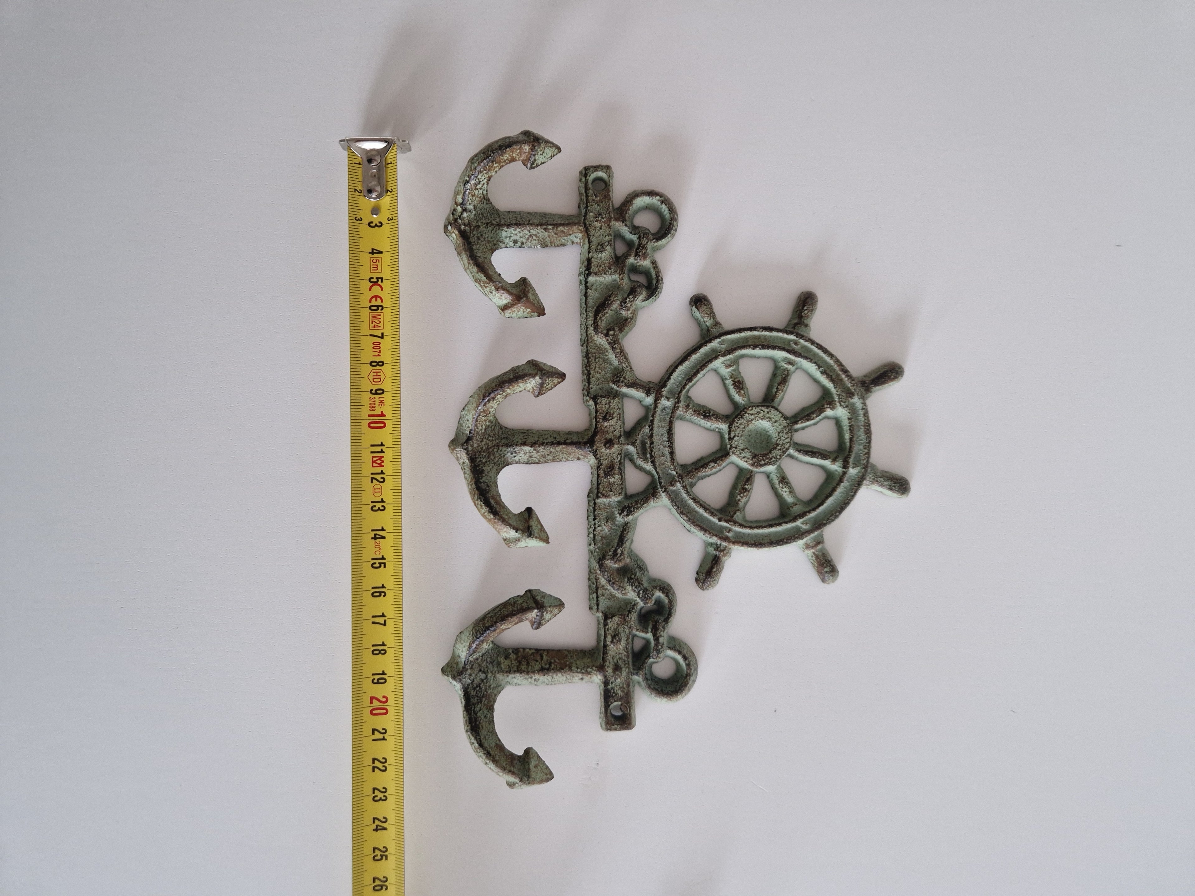 Vintage Cast Iron Nautical Wall Hook Rack | Ship's Wheel & Anchor | 3 Hooks | Distressed Verdigris Finish