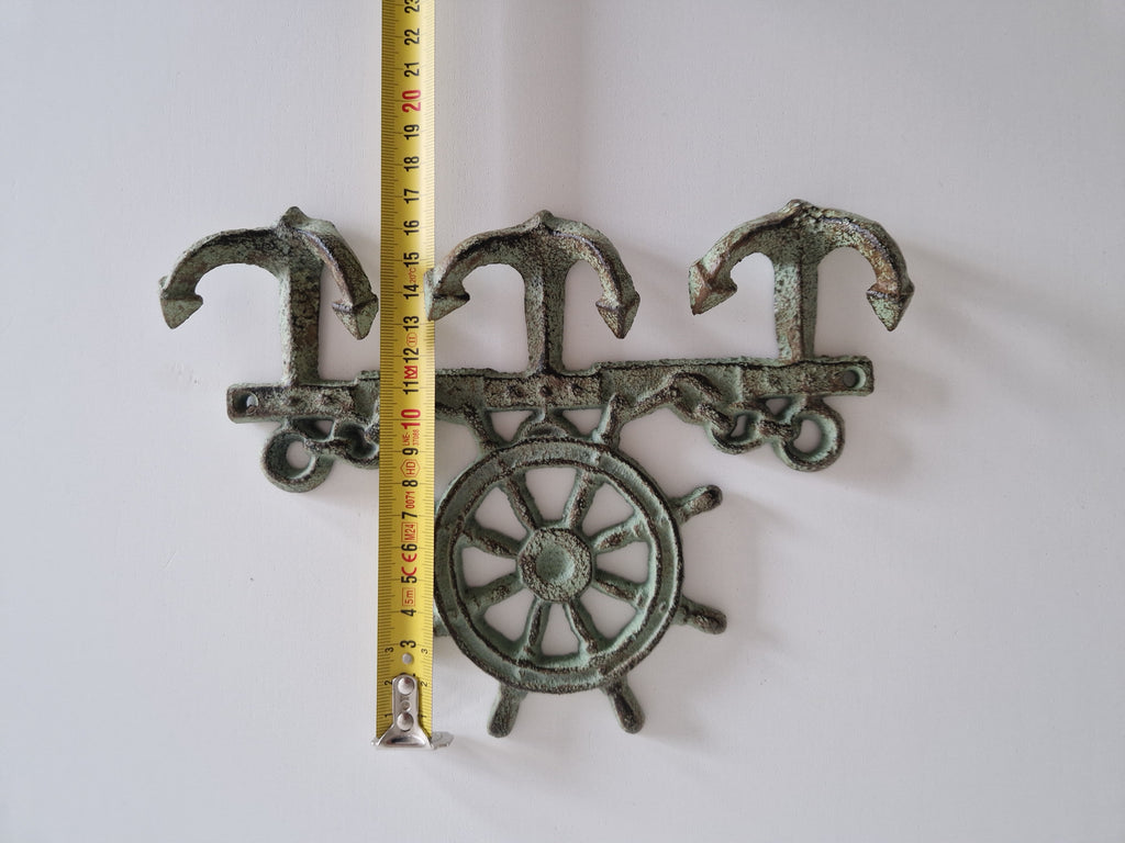 Vintage Cast Iron Nautical Wall Hook Rack | Ship's Wheel & Anchor | 3 Hooks | Distressed Verdigris Finish